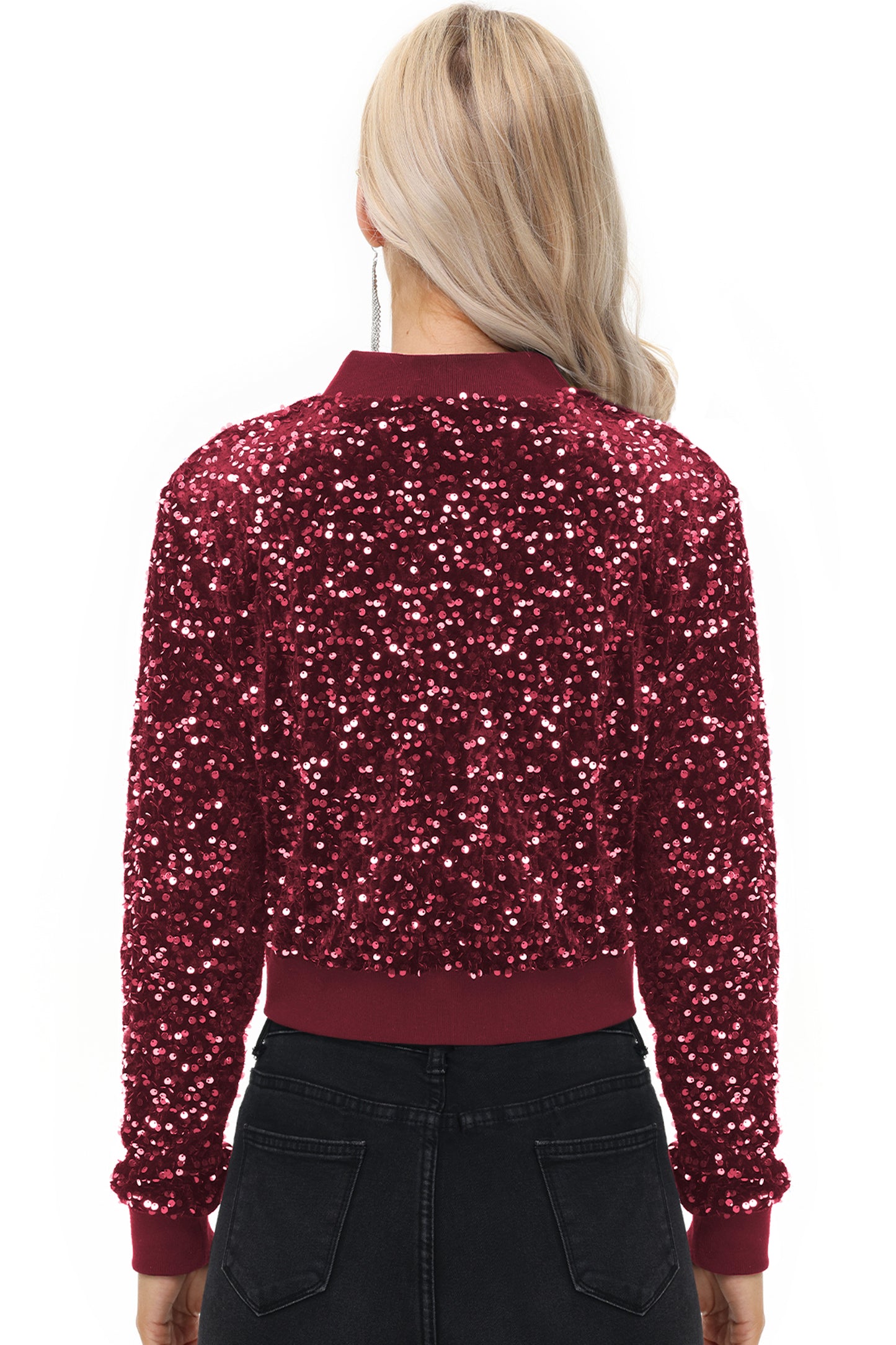 Anna-Kaci Womens Sparkly Sequin Jacket Cropped Two-Way-Zipper Glitter Party Club Bomber Jacket