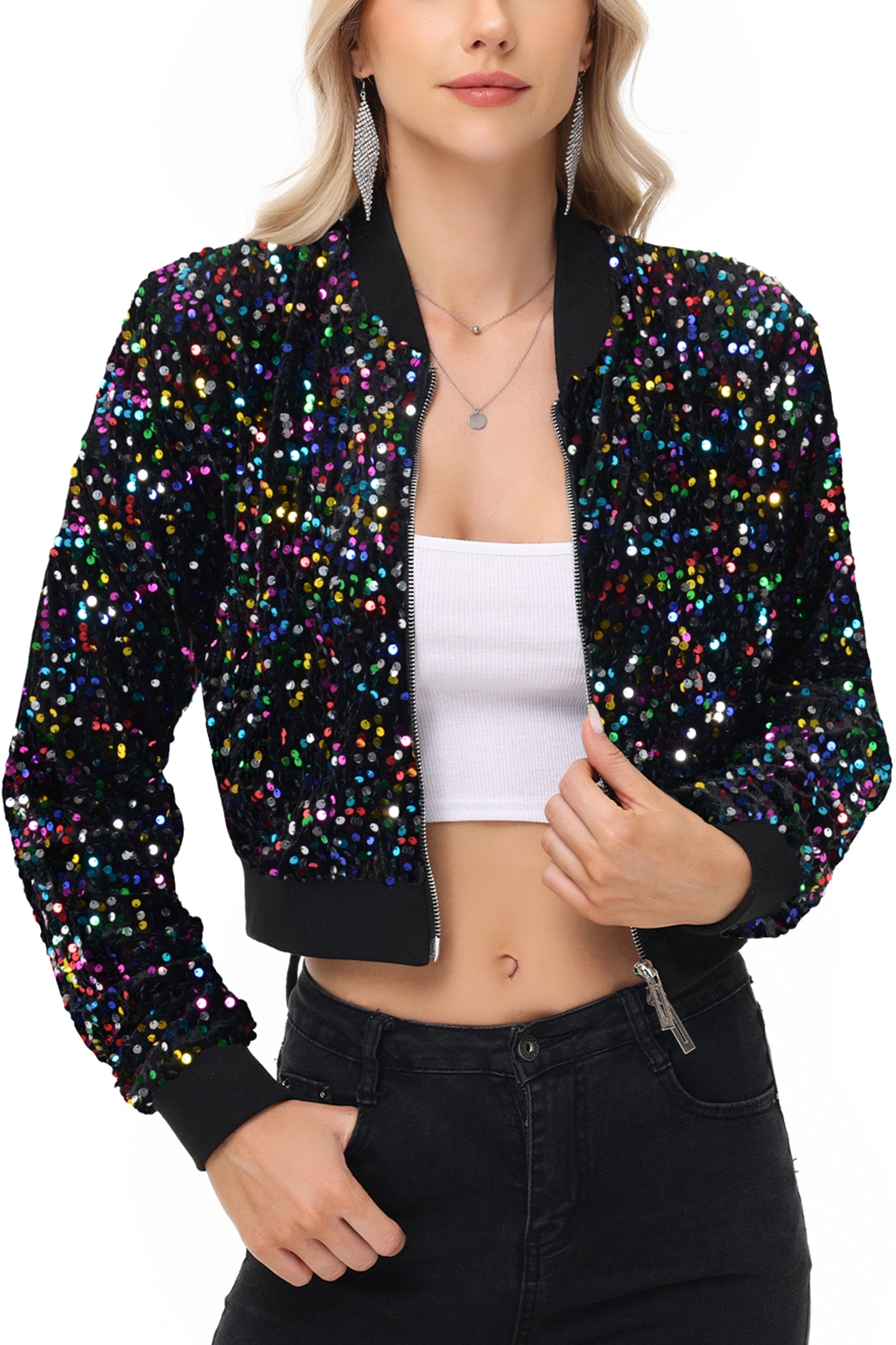 Anna-Kaci Womens Sparkly Sequin Jacket Cropped Two-Way-Zipper Glitter Party Club Bomber Jacket