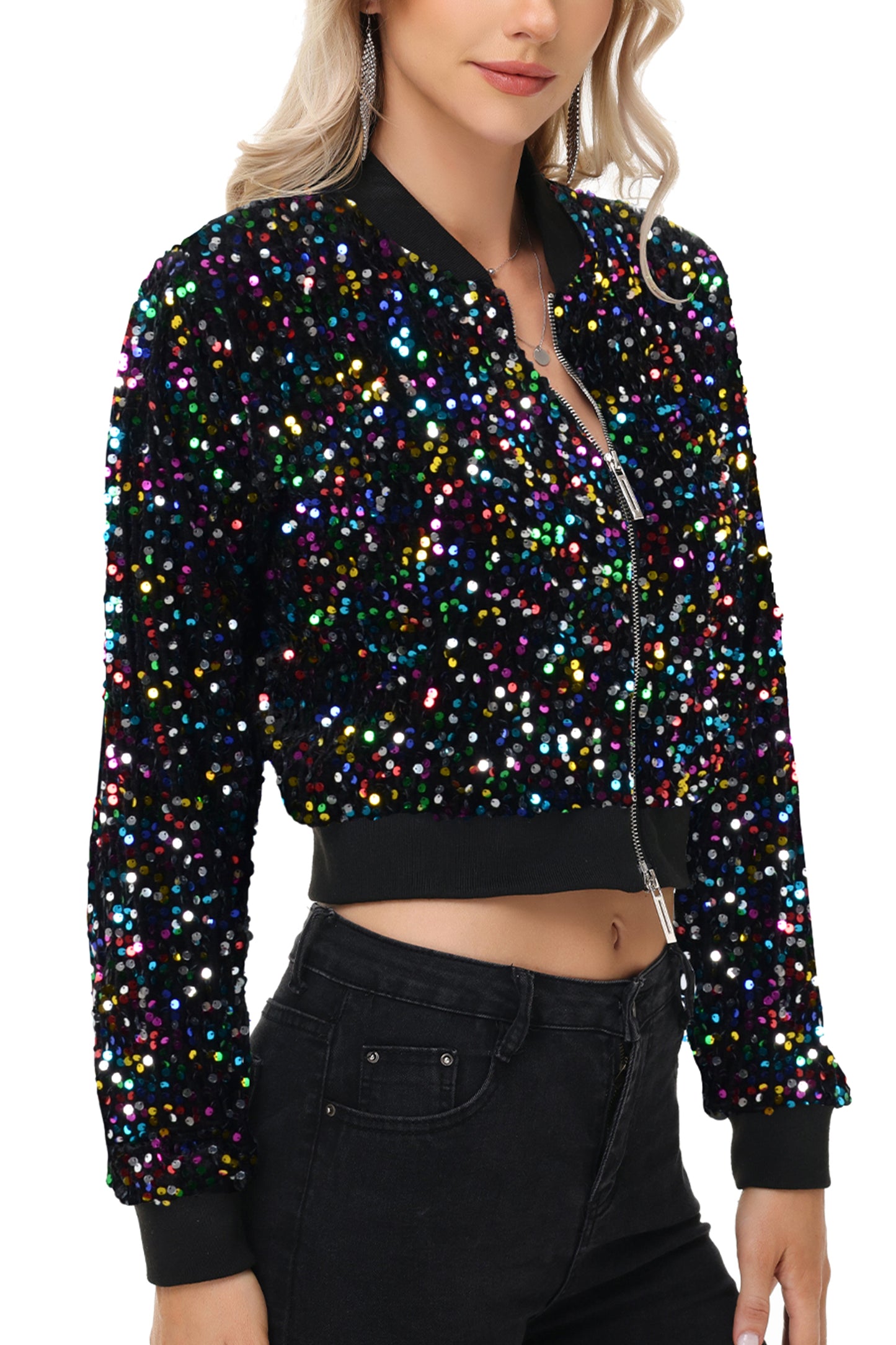 Anna-Kaci Womens Sparkly Sequin Jacket Cropped Two-Way-Zipper Glitter Party Club Bomber Jacket