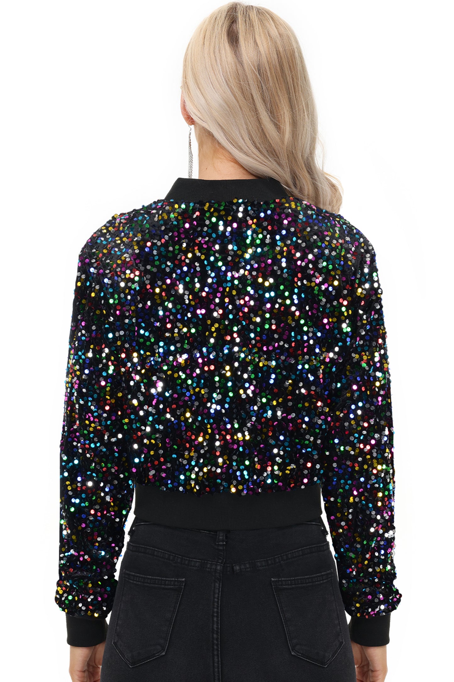 Anna-Kaci Womens Sparkly Sequin Jacket Cropped Two-Way-Zipper Glitter Party Club Bomber Jacket