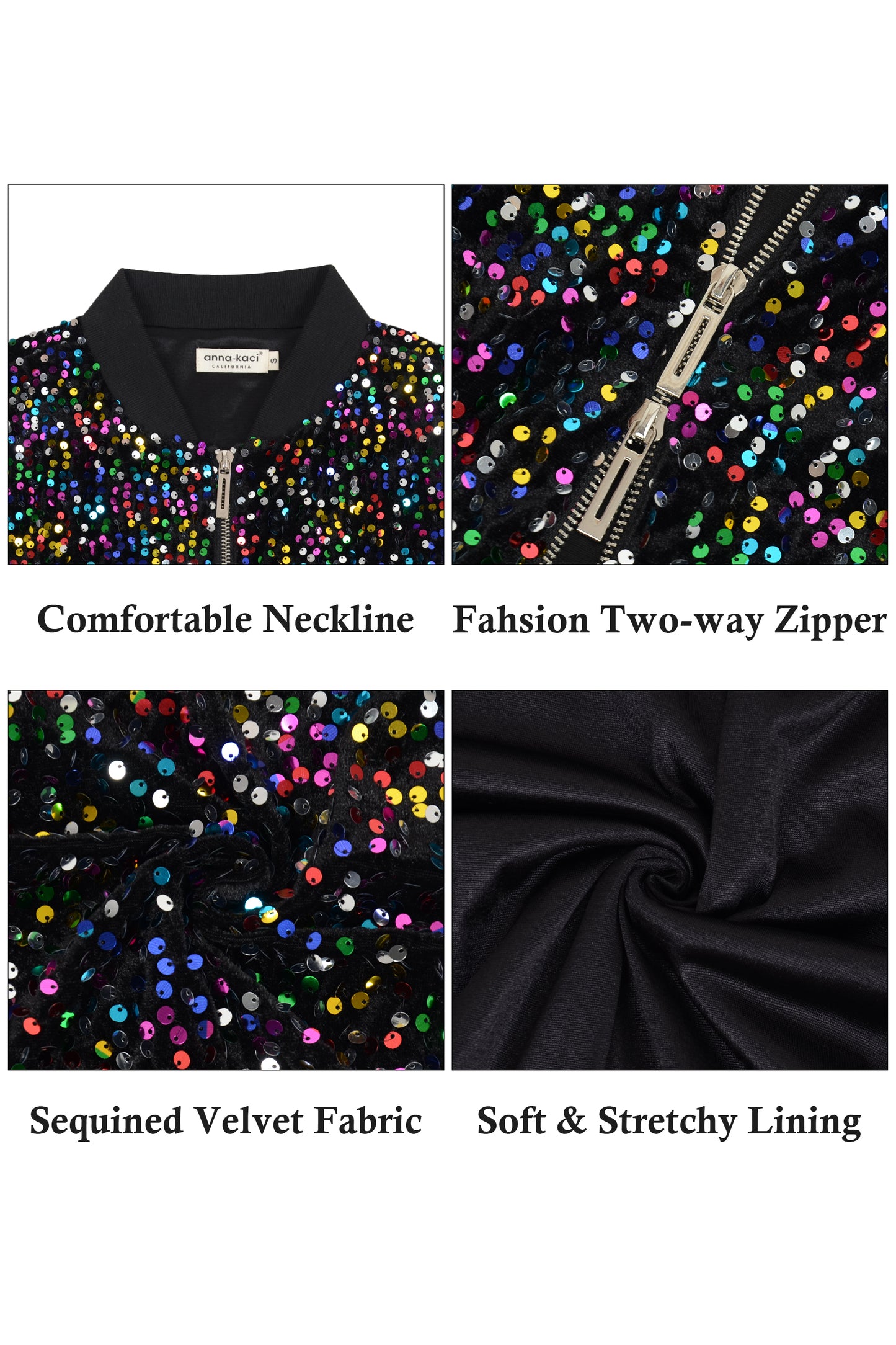 Anna-Kaci Womens Sparkly Sequin Jacket Cropped Two-Way-Zipper Glitter Party Club Bomber Jacket