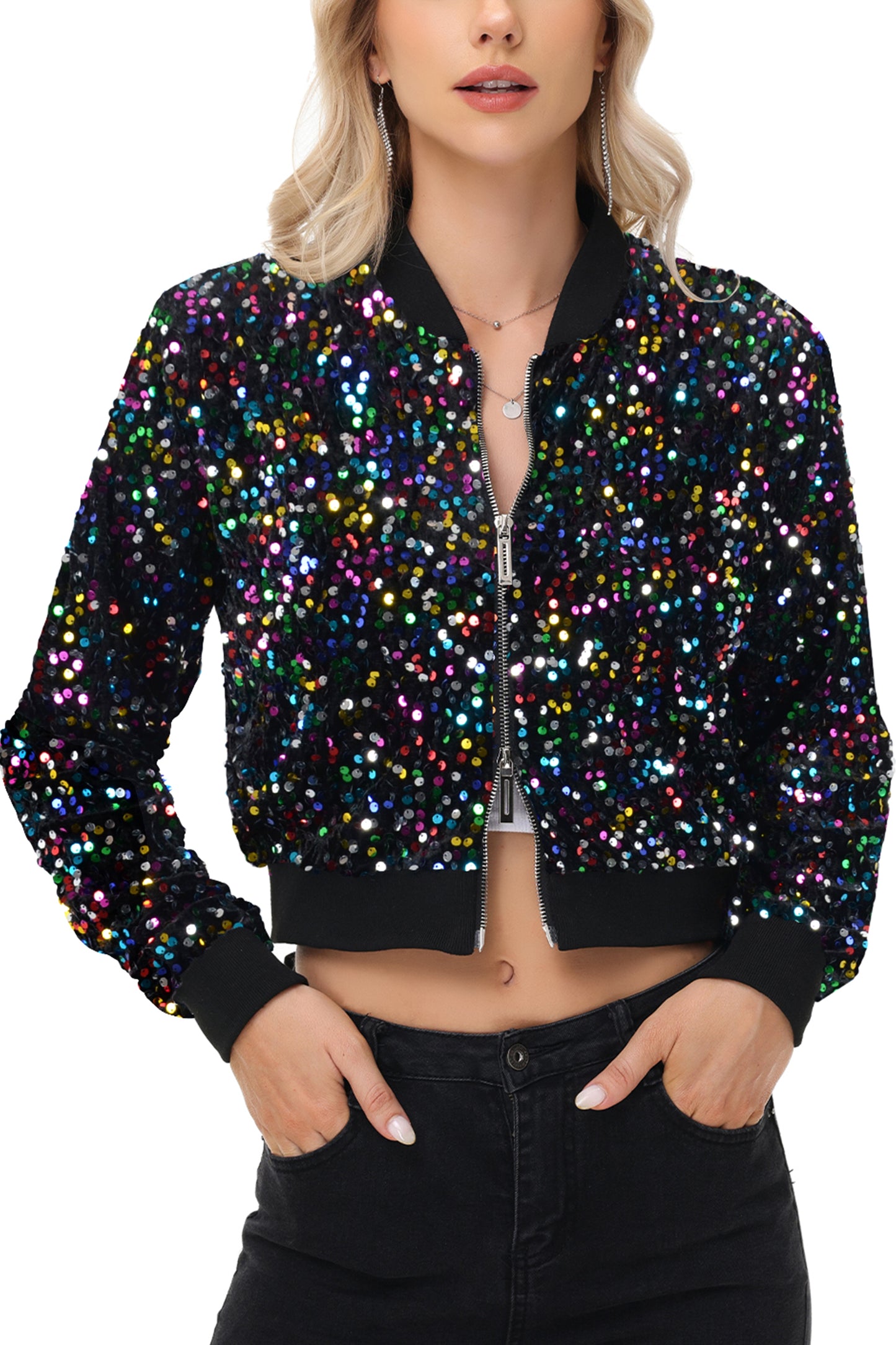 Anna-Kaci Womens Sparkly Sequin Jacket Cropped Two-Way-Zipper Glitter Party Club Bomber Jacket