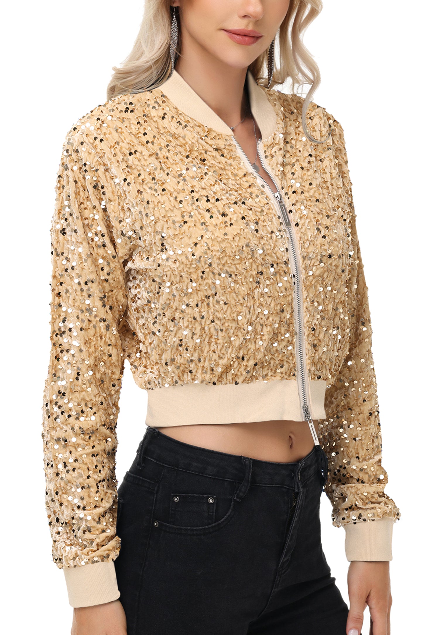 Anna-Kaci Womens Sparkly Sequin Jacket Cropped Two-Way-Zipper Glitter Party Club Bomber Jacket