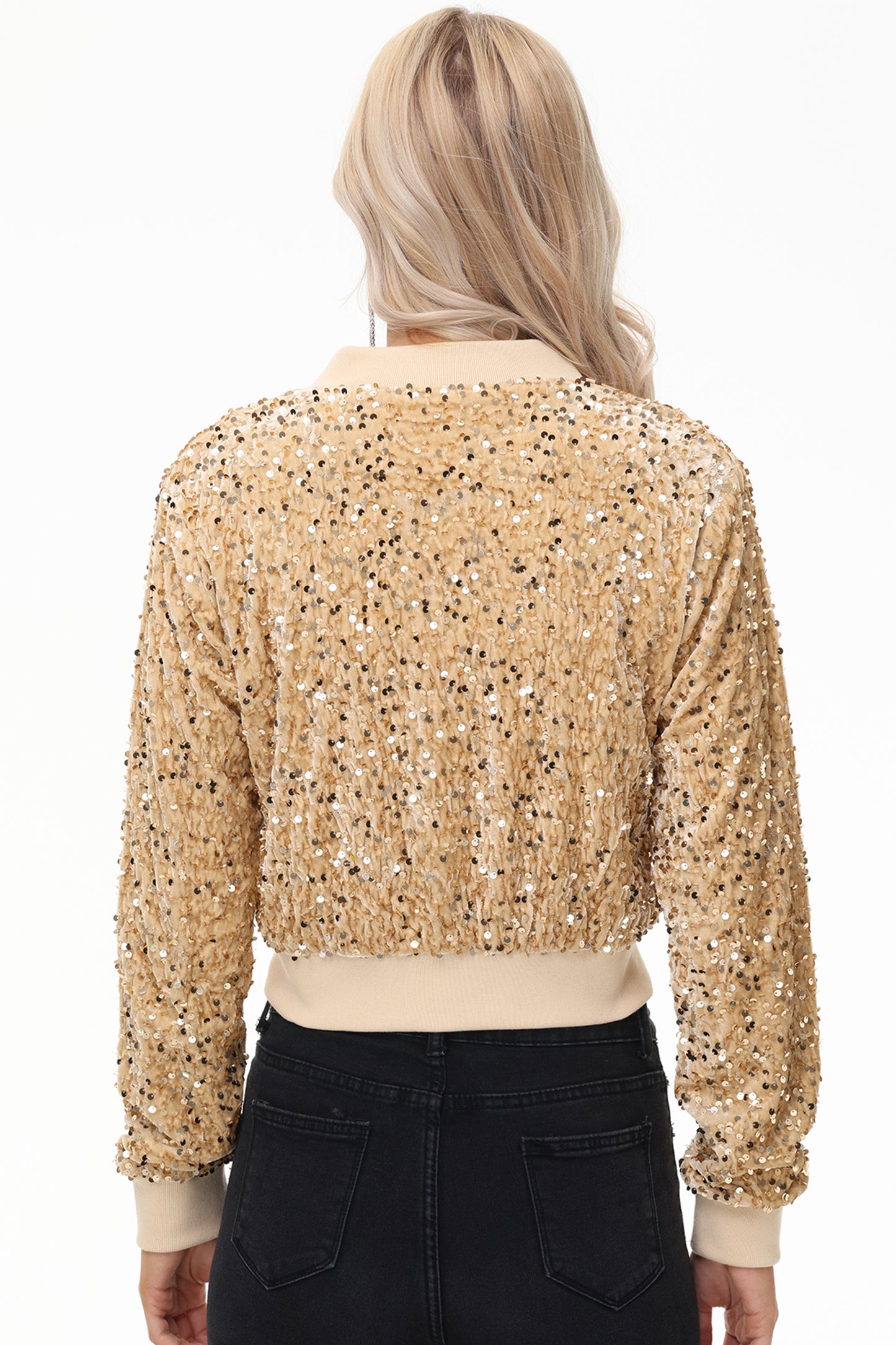 Anna-Kaci Womens Sparkly Sequin Jacket Cropped Two-Way-Zipper Glitter Party Club Bomber Jacket