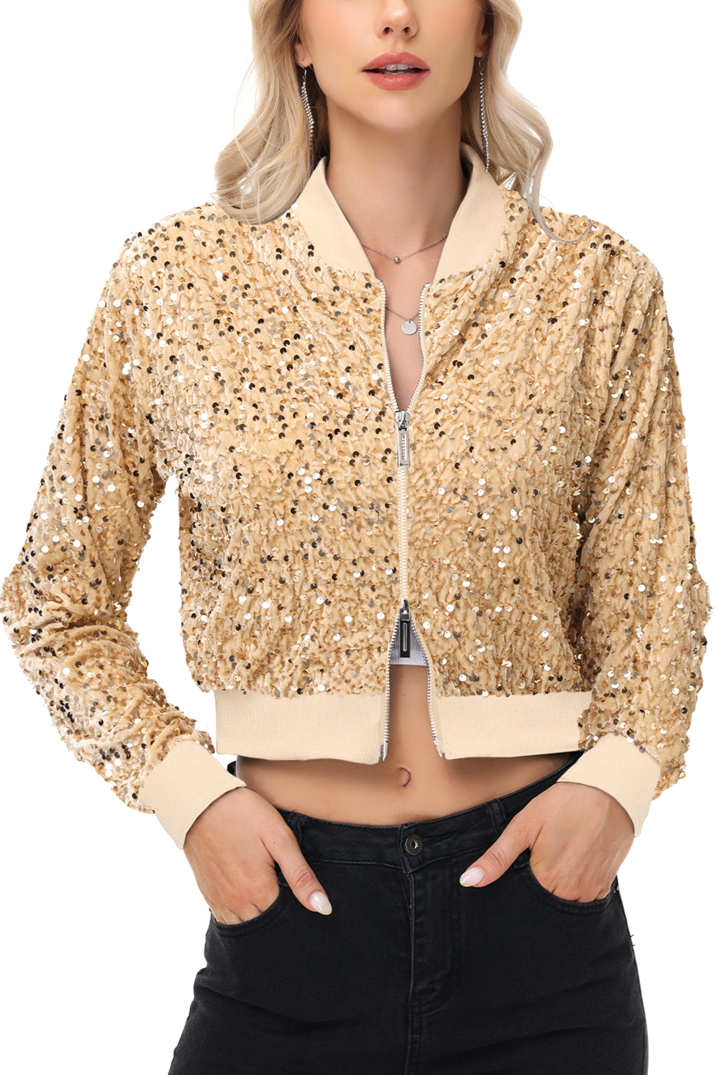 Anna-Kaci Womens Sparkly Sequin Jacket Cropped Two-Way-Zipper Glitter Party Club Bomber Jacket