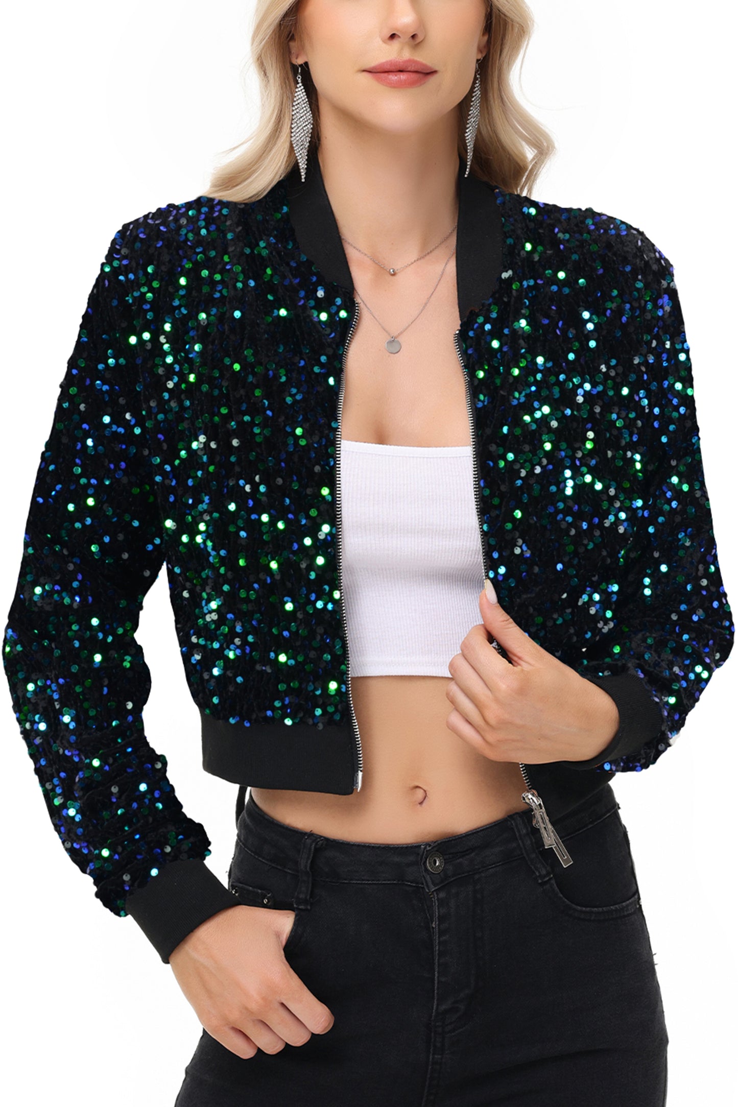 Anna-Kaci Womens Sparkly Sequin Jacket Cropped Two-Way-Zipper Glitter Party Club Bomber Jacket