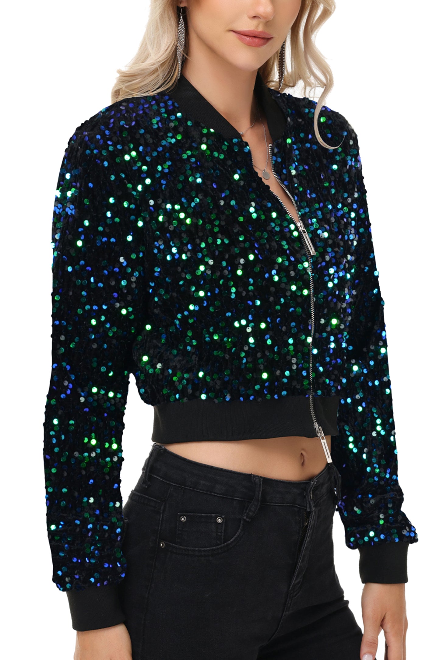 Anna-Kaci Womens Sparkly Sequin Jacket Cropped Two-Way-Zipper Glitter Party Club Bomber Jacket