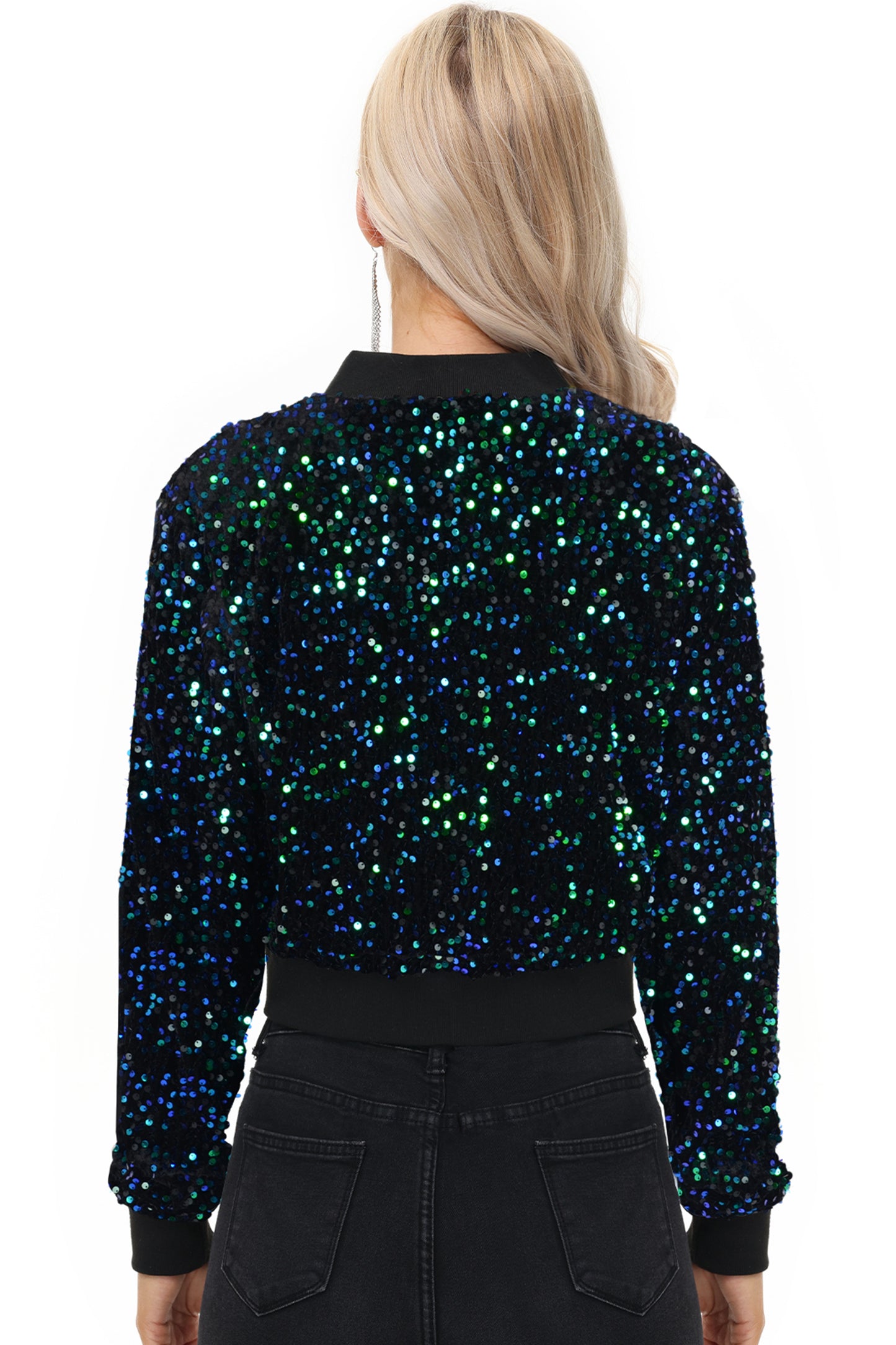 Anna-Kaci Womens Sparkly Sequin Jacket Cropped Two-Way-Zipper Glitter Party Club Bomber Jacket