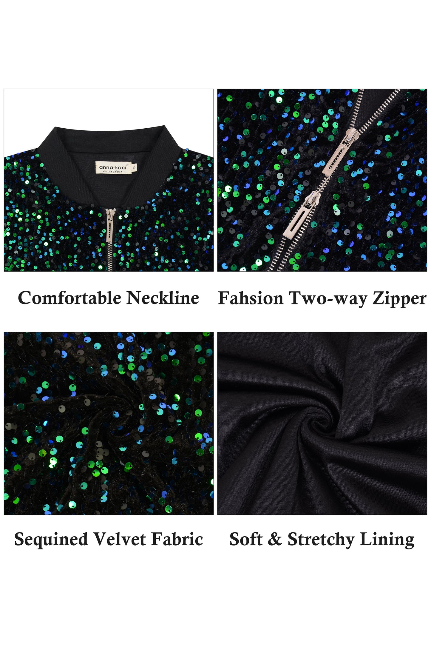 Anna-Kaci Womens Sparkly Sequin Jacket Cropped Two-Way-Zipper Glitter Party Club Bomber Jacket