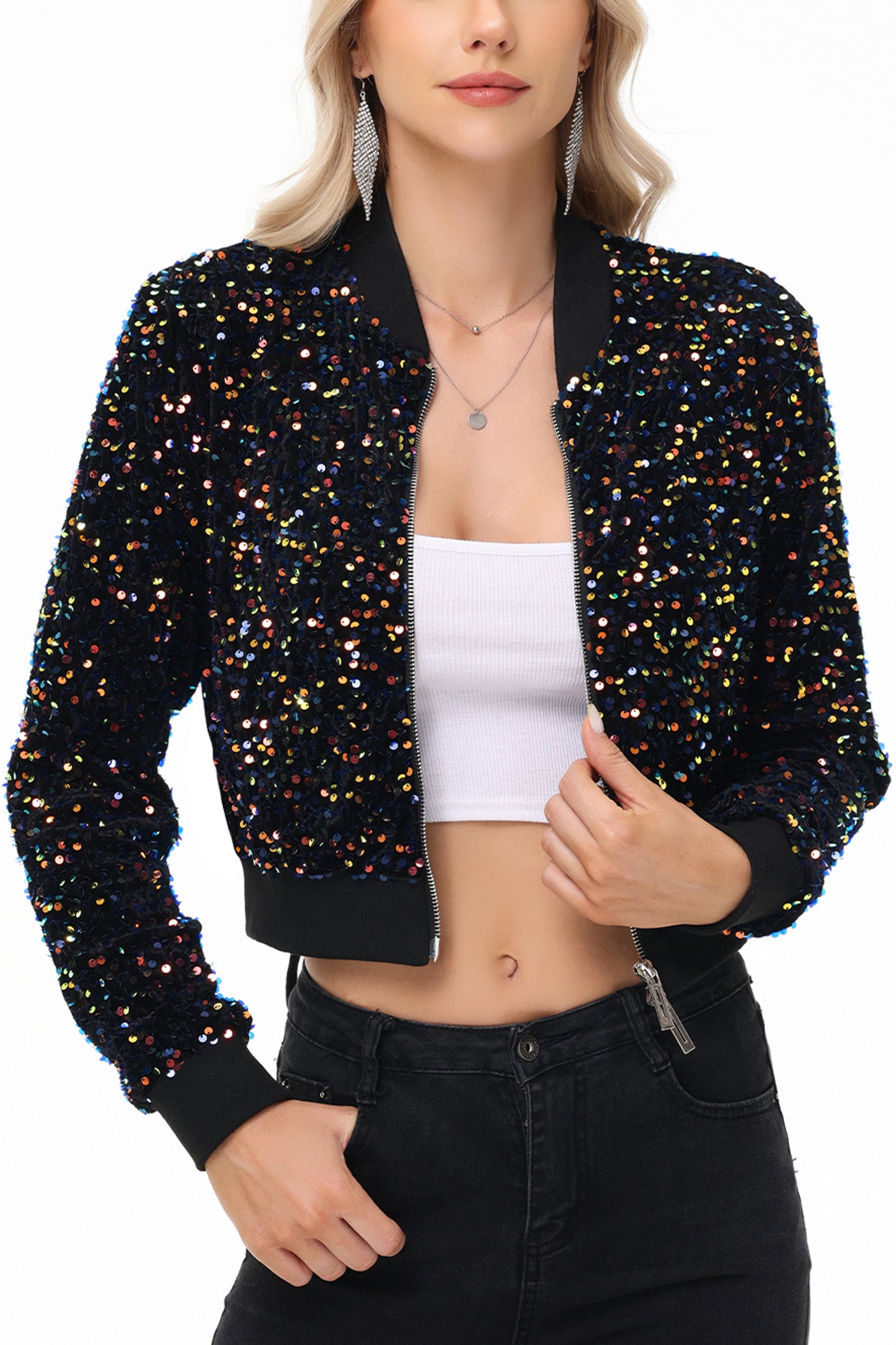Anna-Kaci Womens Sparkly Sequin Jacket Cropped Two-Way-Zipper Glitter Party Club Bomber Jacket
