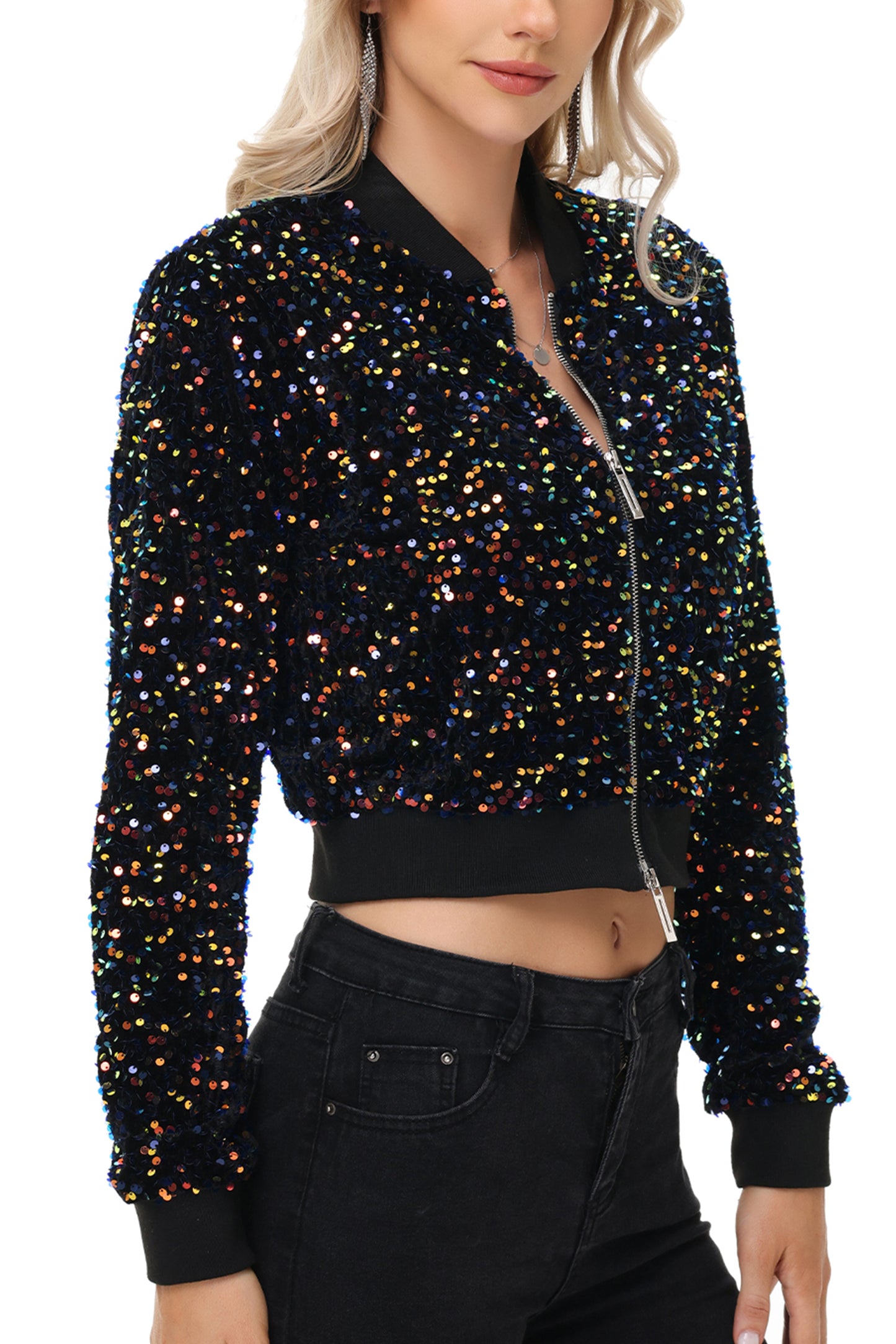 Anna-Kaci Womens Sparkly Sequin Jacket Cropped Two-Way-Zipper Glitter Party Club Bomber Jacket