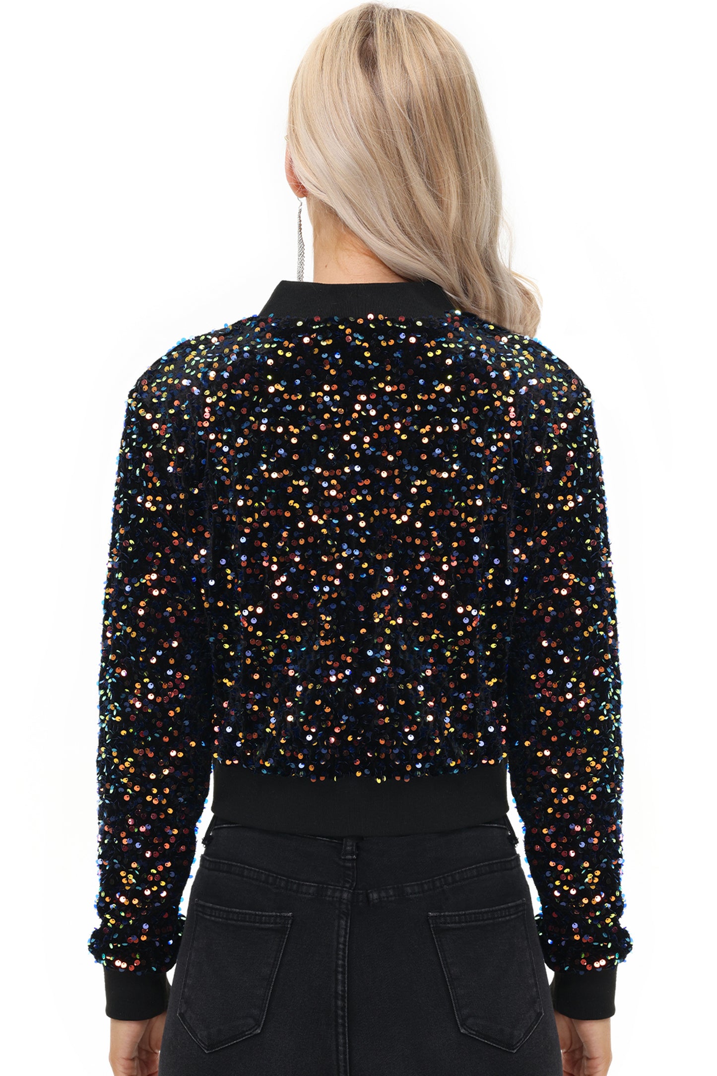 Anna-Kaci Womens Sparkly Sequin Jacket Cropped Two-Way-Zipper Glitter Party Club Bomber Jacket