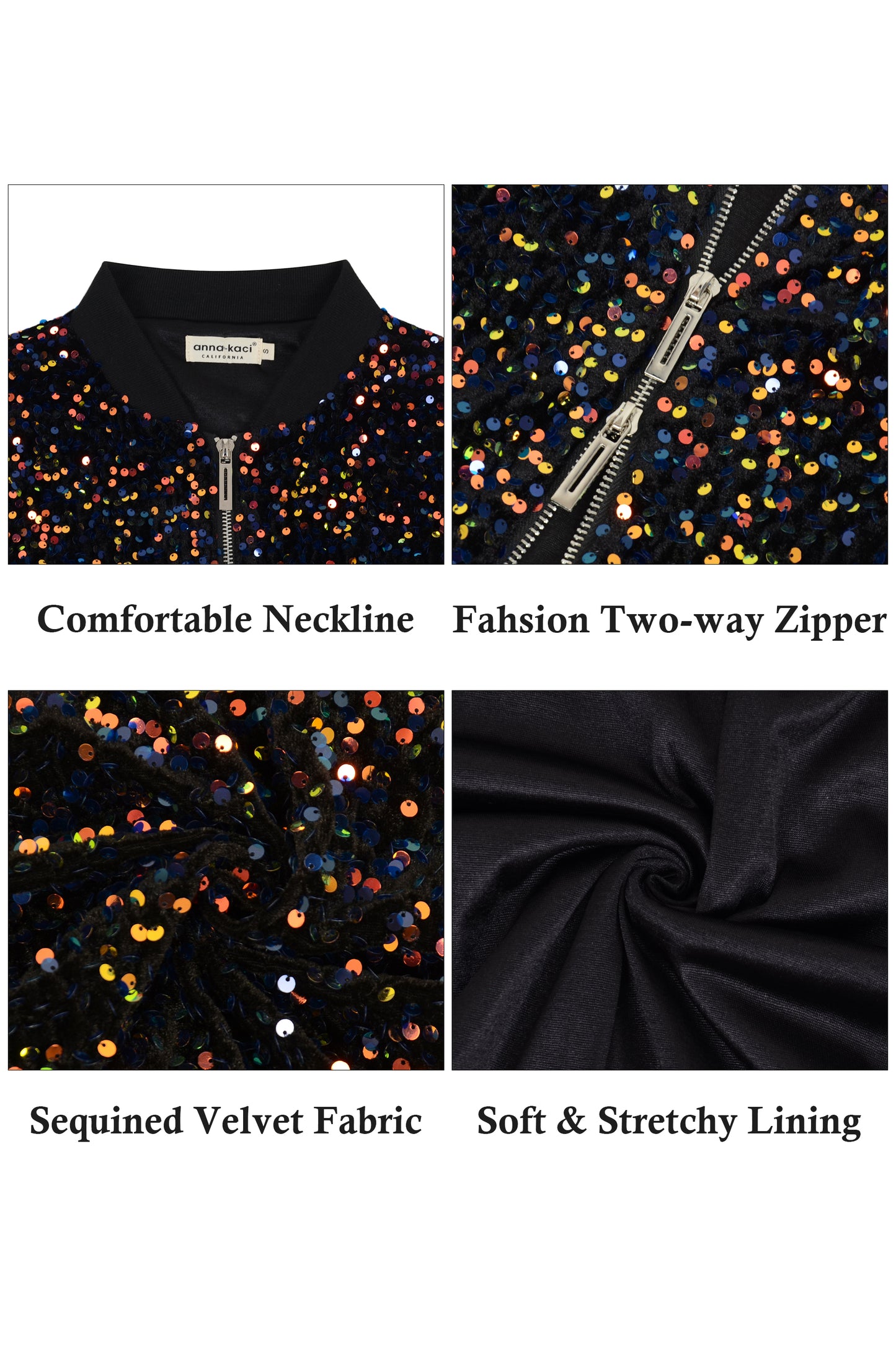 Anna-Kaci Womens Sparkly Sequin Jacket Cropped Two-Way-Zipper Glitter Party Club Bomber Jacket