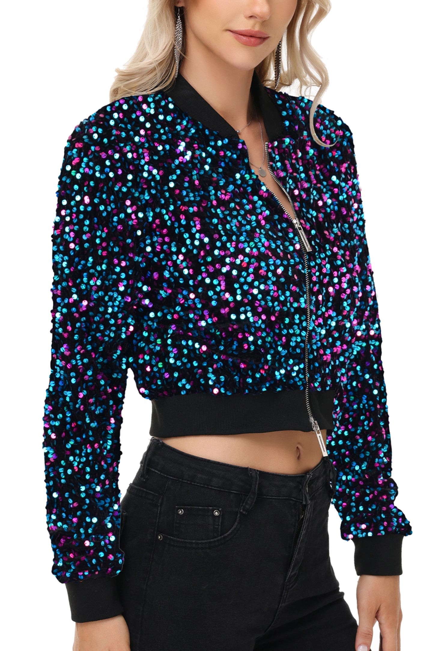 Anna-Kaci Womens Sparkly Sequin Jacket Cropped Two-Way-Zipper Glitter Party Club Bomber Jacket