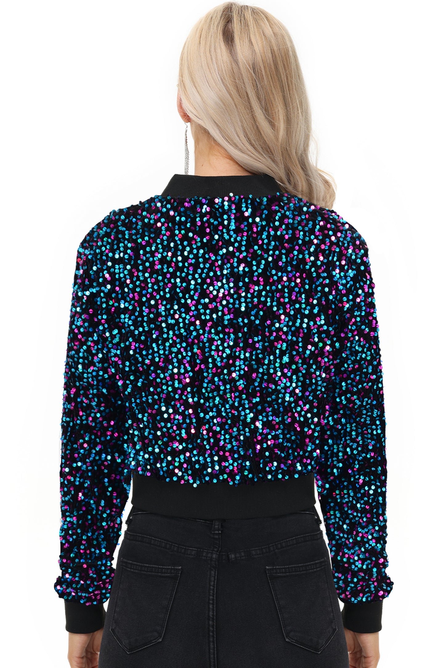 Anna-Kaci Womens Sparkly Sequin Jacket Cropped Two-Way-Zipper Glitter Party Club Bomber Jacket