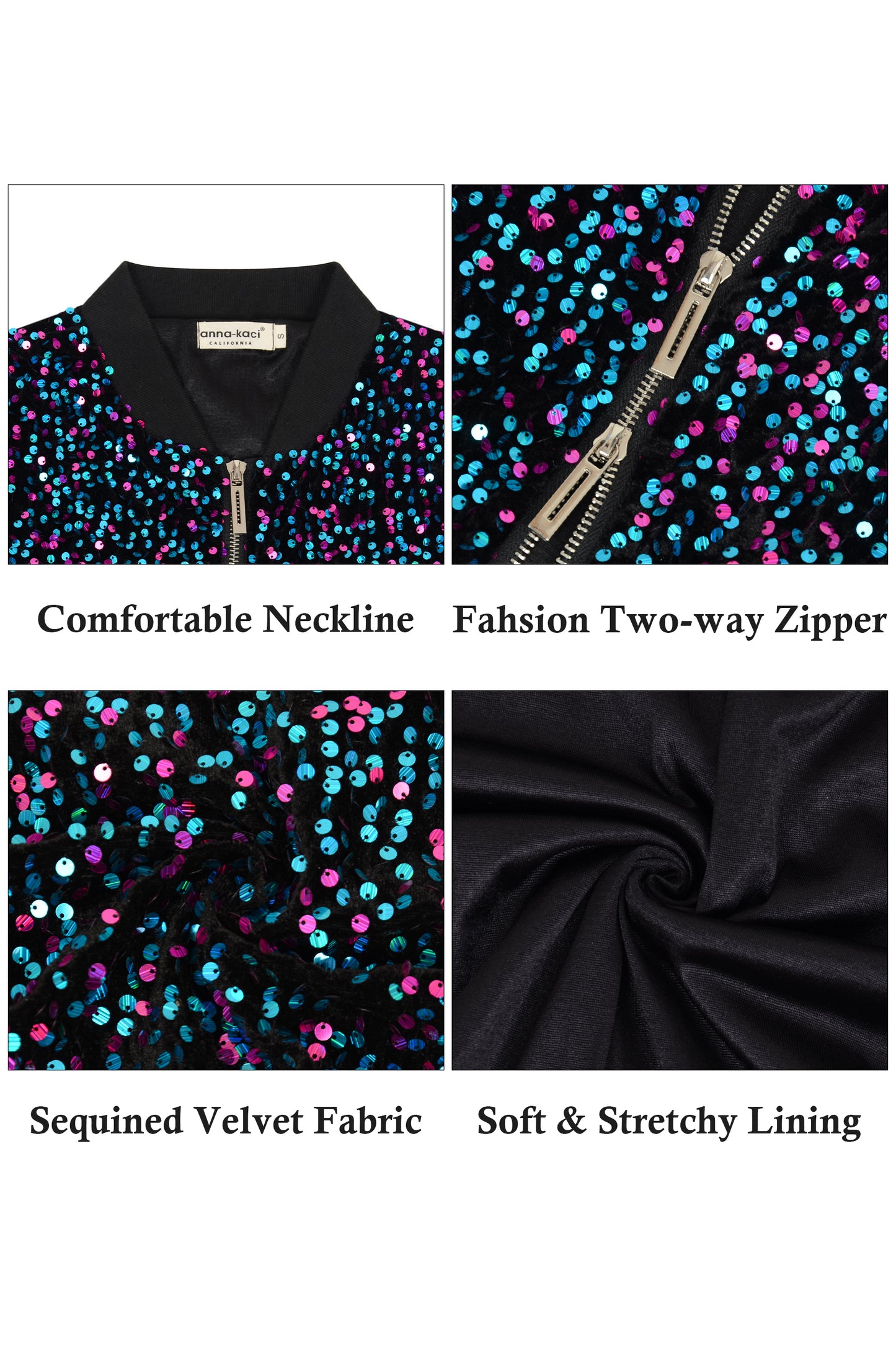 Anna-Kaci Womens Sparkly Sequin Jacket Cropped Two-Way-Zipper Glitter Party Club Bomber Jacket