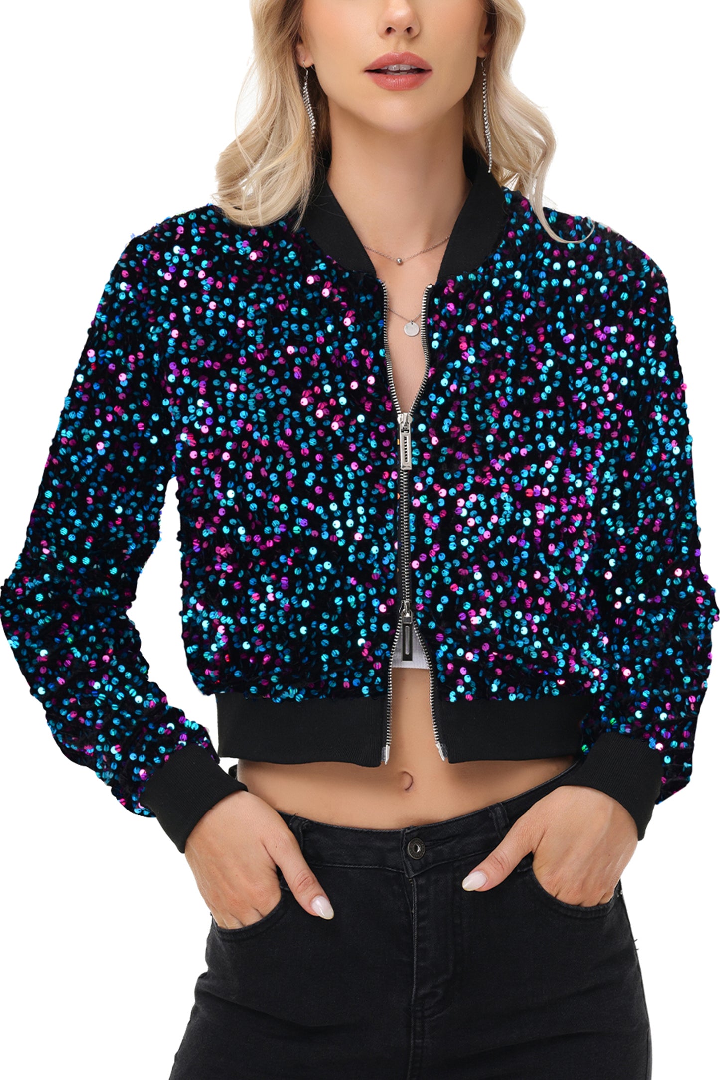 Anna-Kaci Womens Sparkly Sequin Jacket Cropped Two-Way-Zipper Glitter Party Club Bomber Jacket