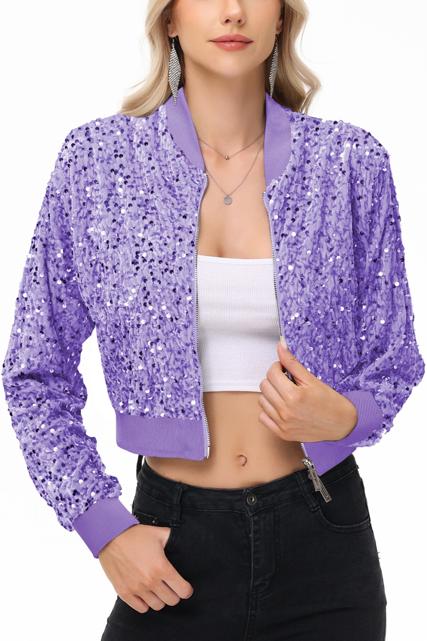Anna-Kaci Womens Sparkly Sequin Jacket Cropped Two-Way-Zipper Glitter Party Club Bomber Jacket