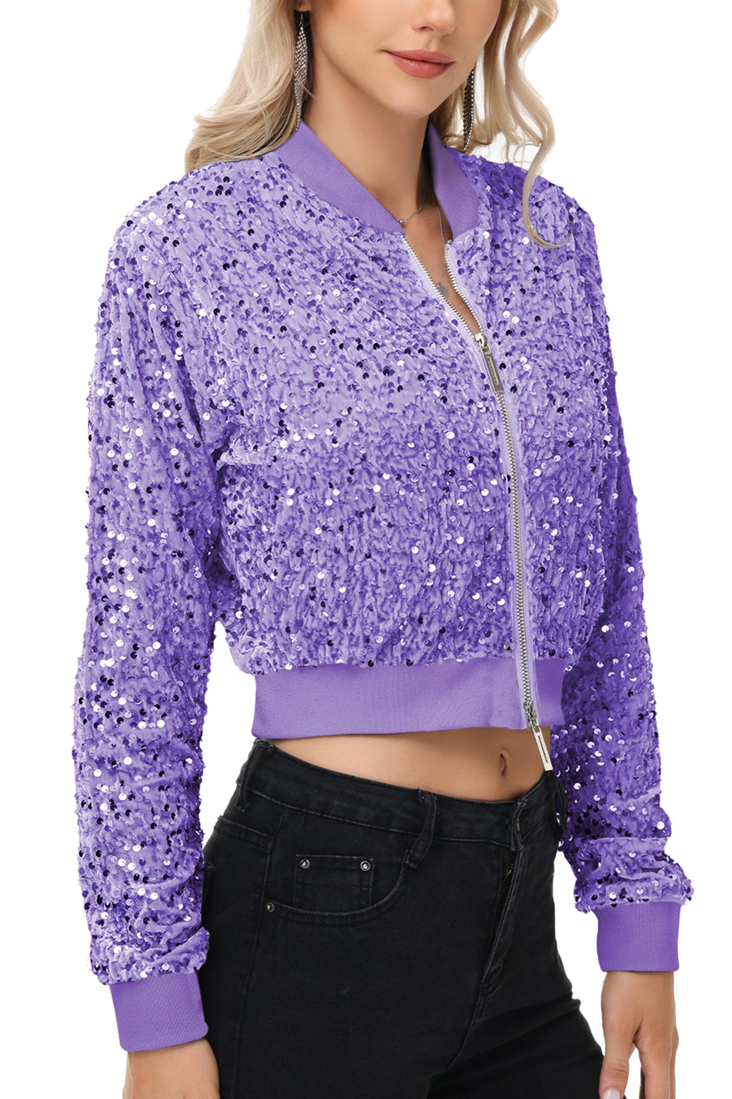 Anna-Kaci Womens Sparkly Sequin Jacket Cropped Two-Way-Zipper Glitter Party Club Bomber Jacket