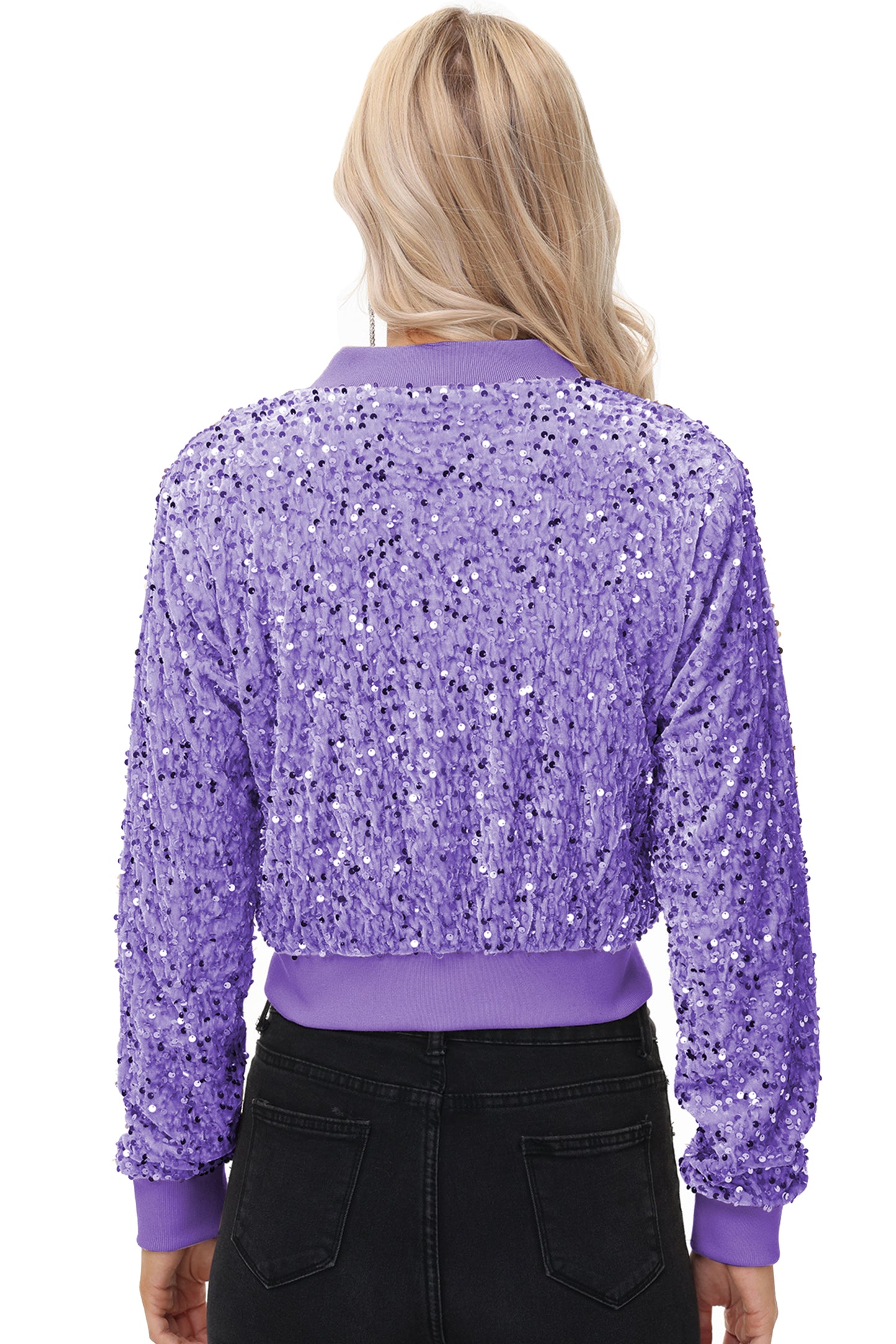 Anna-Kaci Womens Sparkly Sequin Jacket Cropped Two-Way-Zipper Glitter Party Club Bomber Jacket