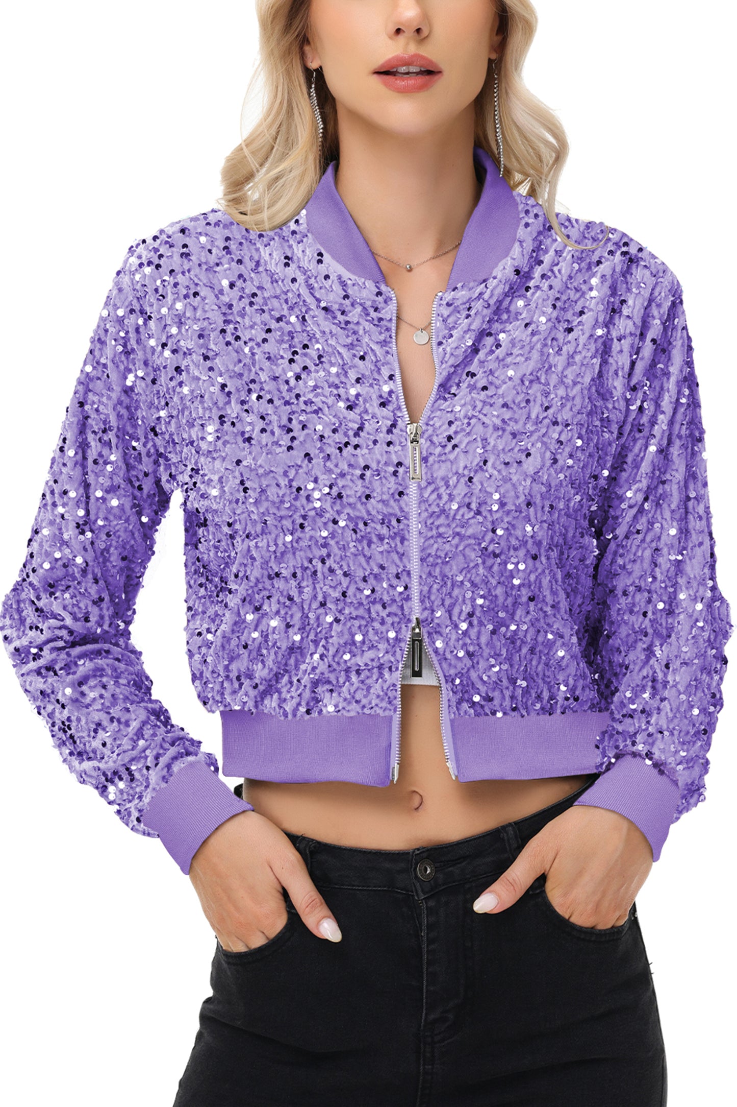 Anna-Kaci Womens Sparkly Sequin Jacket Cropped Two-Way-Zipper Glitter Party Club Bomber Jacket