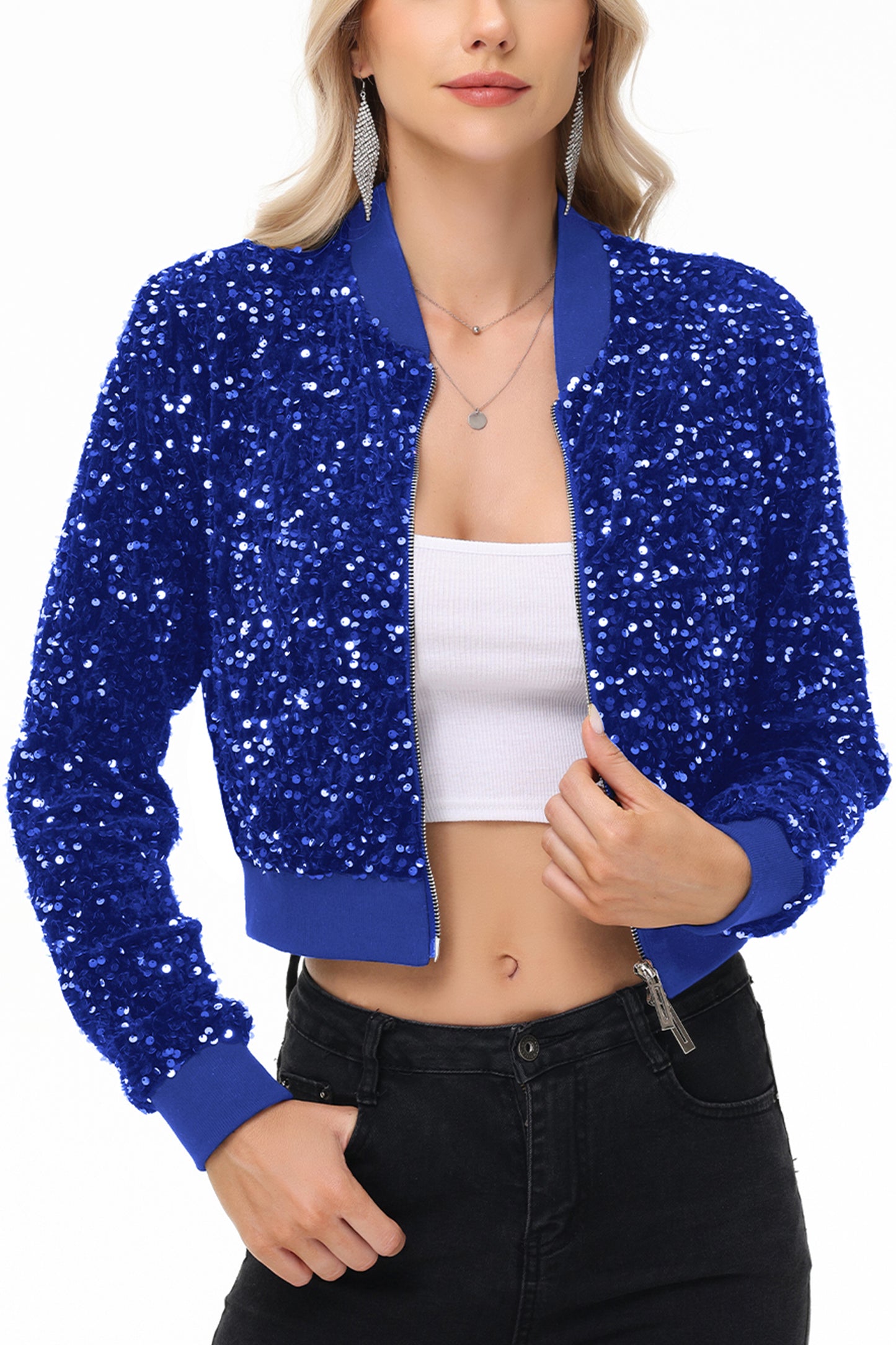 Anna-Kaci Womens Sparkly Sequin Jacket Cropped Two-Way-Zipper Glitter Party Club Bomber Jacket