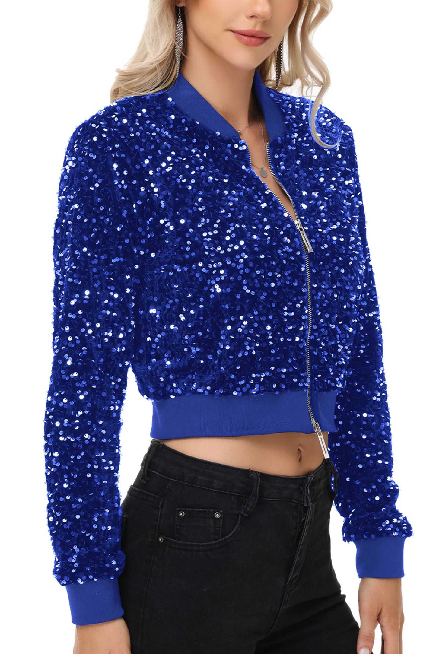 Anna-Kaci Womens Sparkly Sequin Jacket Cropped Two-Way-Zipper Glitter Party Club Bomber Jacket
