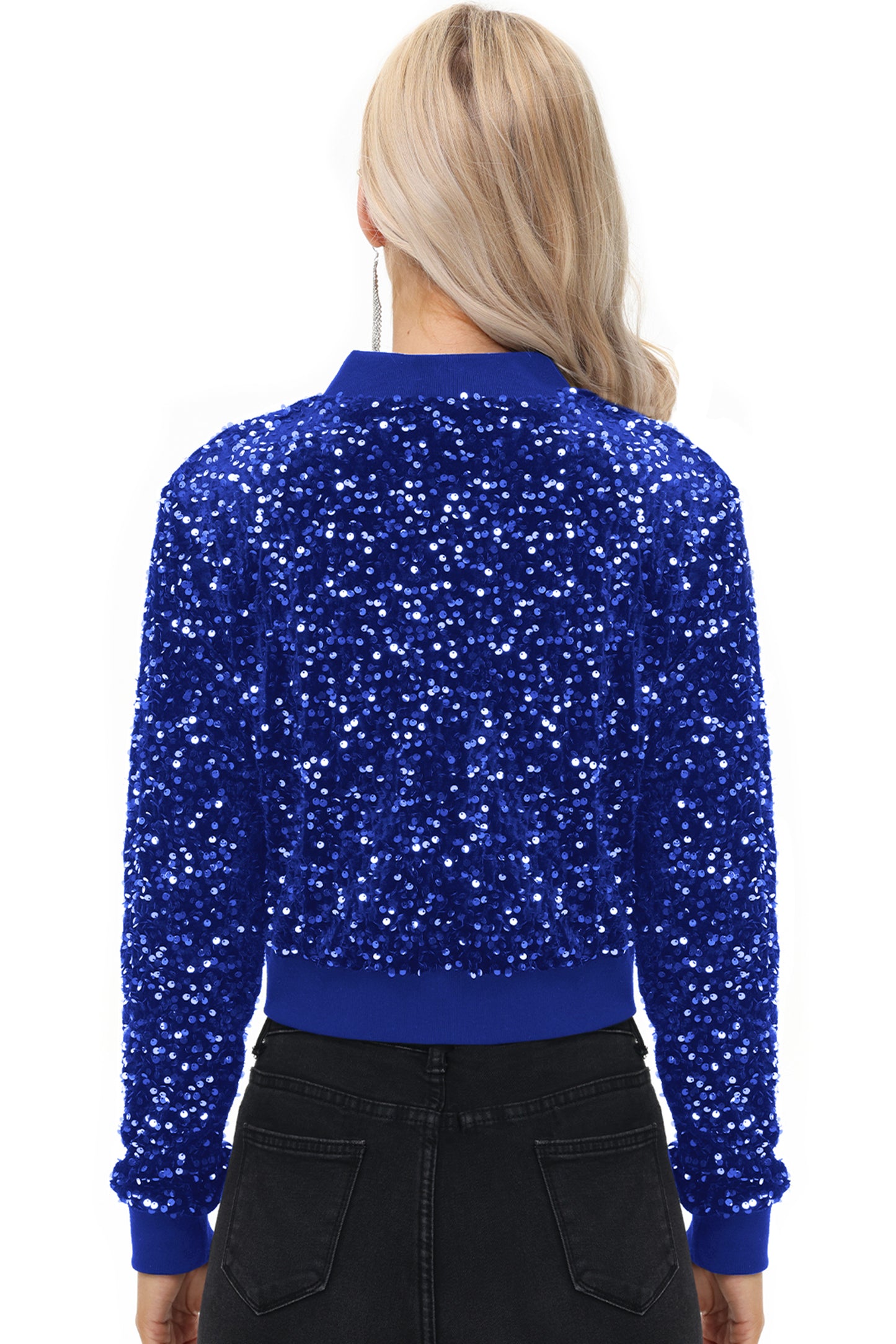 Anna-Kaci Womens Sparkly Sequin Jacket Cropped Two-Way-Zipper Glitter Party Club Bomber Jacket