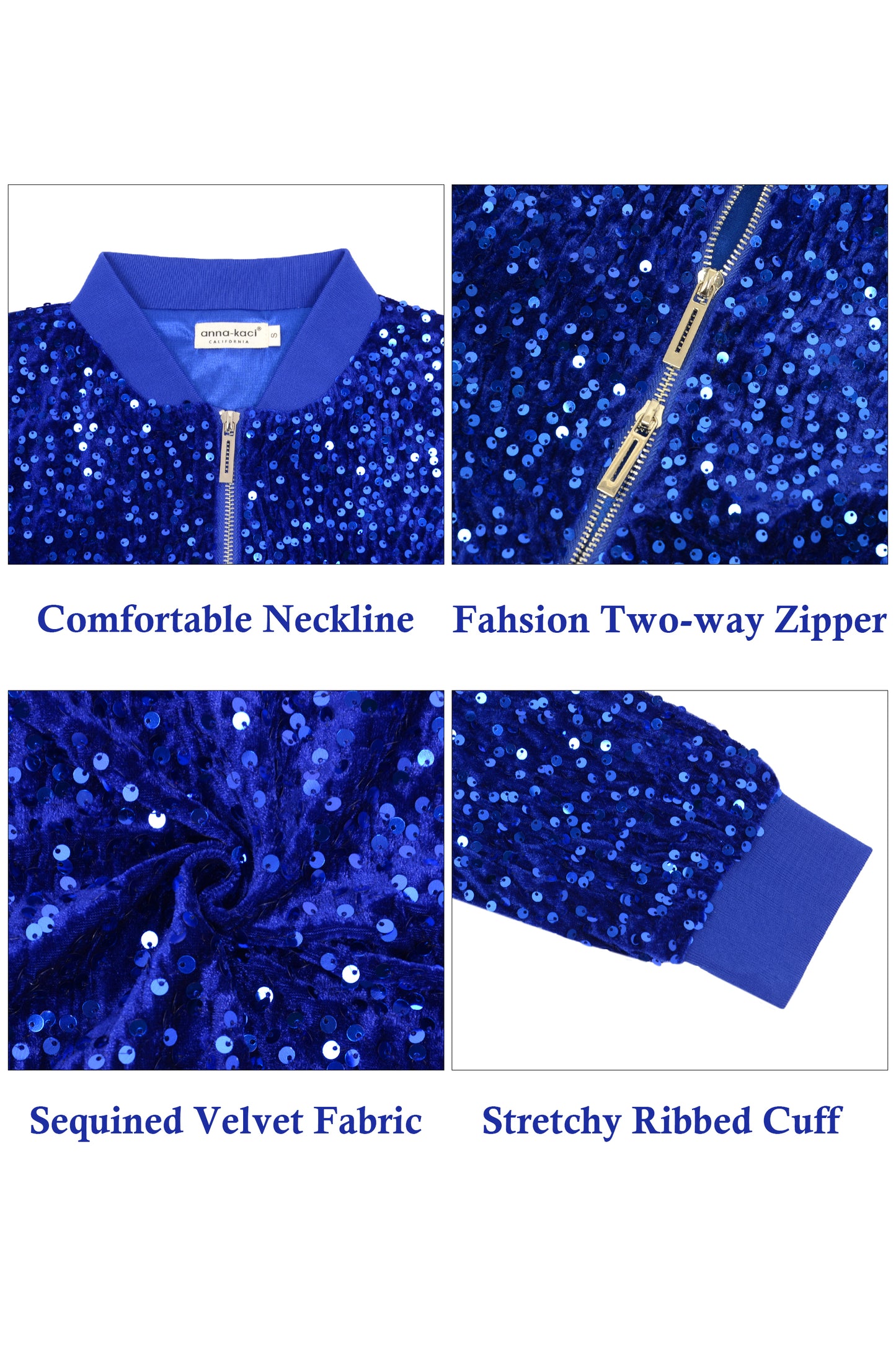 Anna-Kaci Womens Sparkly Sequin Jacket Cropped Two-Way-Zipper Glitter Party Club Bomber Jacket