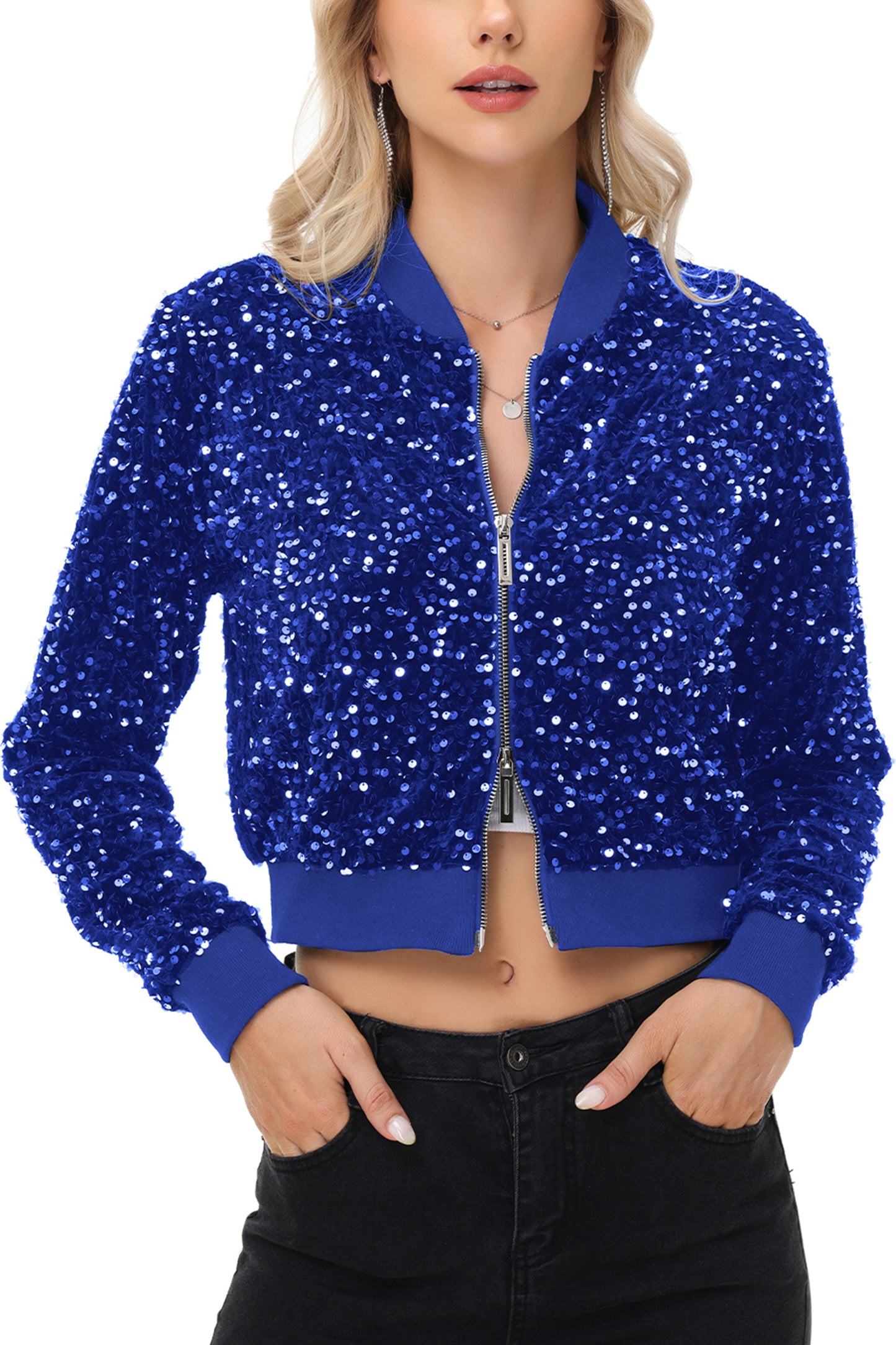 Anna-Kaci Womens Sparkly Sequin Jacket Cropped Two-Way-Zipper Glitter Party Club Bomber Jacket