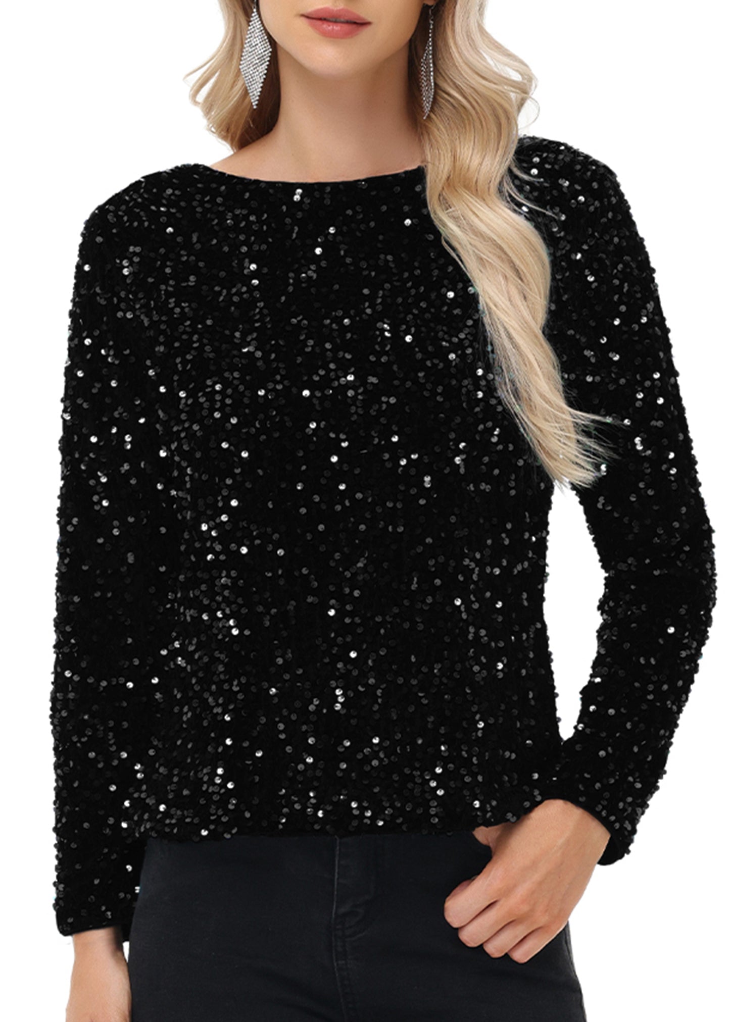Anna-Kaci Women's Sequin Tops Sparkly Long Sleeve Glitter Evening Party Concert Shirt Blouse
