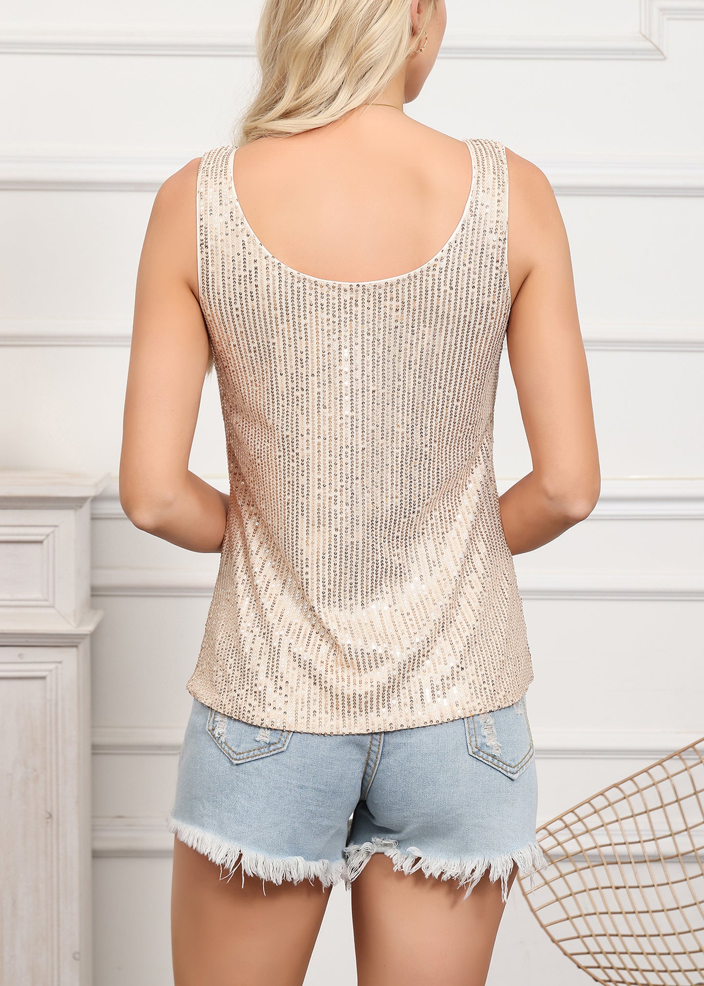 Anna-Kaci Women's Sparkly Sequin Tops Scoop Neck Sleeveless Glitter Shimmer Tank Top Blouses