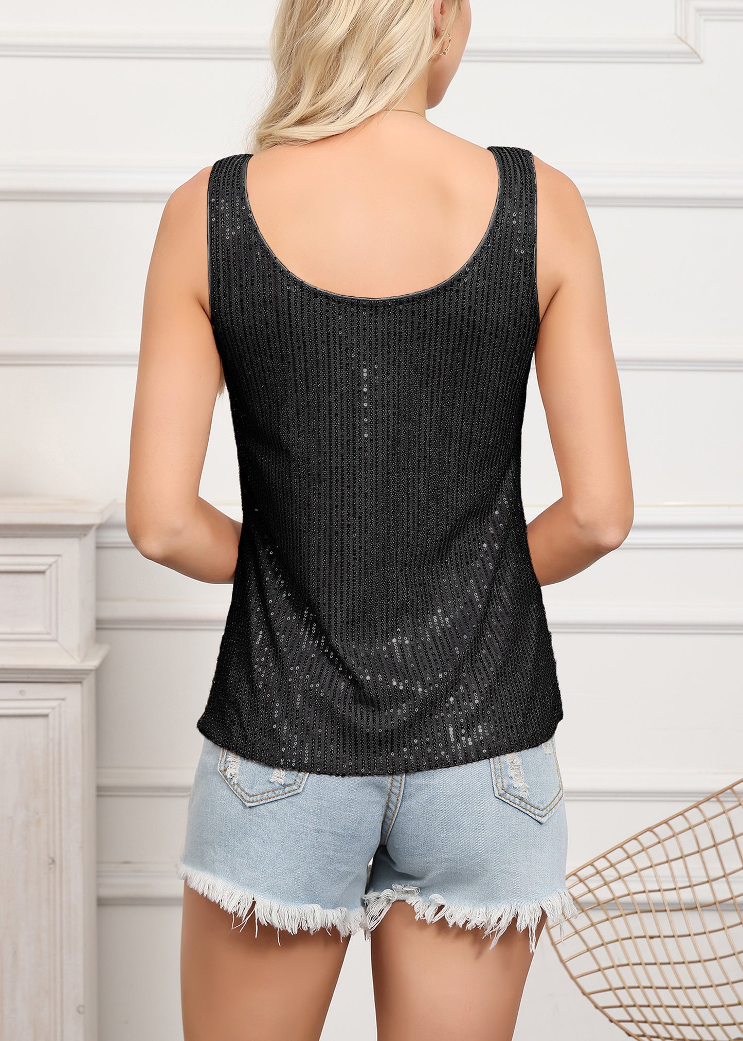 Anna-Kaci Women's Sparkly Sequin Tops Scoop Neck Sleeveless Glitter Shimmer Tank Top Blouses