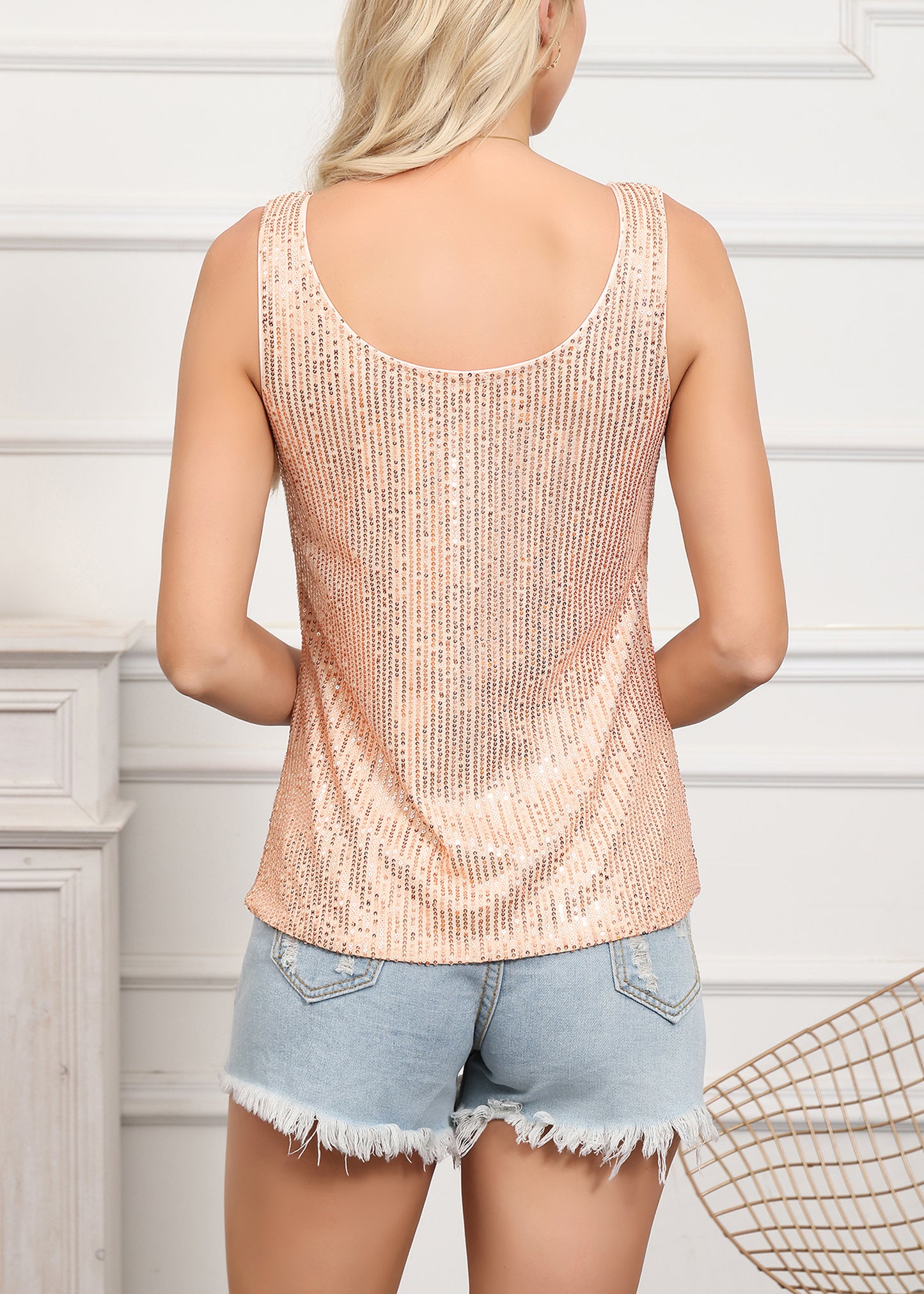 Anna-Kaci Women's Sparkly Sequin Tops Scoop Neck Sleeveless Glitter Shimmer Tank Top Blouses