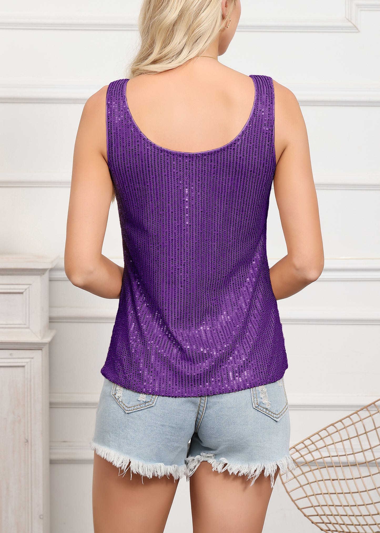 Anna-Kaci Women's Sparkly Sequin Tops Scoop Neck Sleeveless Glitter Shimmer Tank Top Blouses