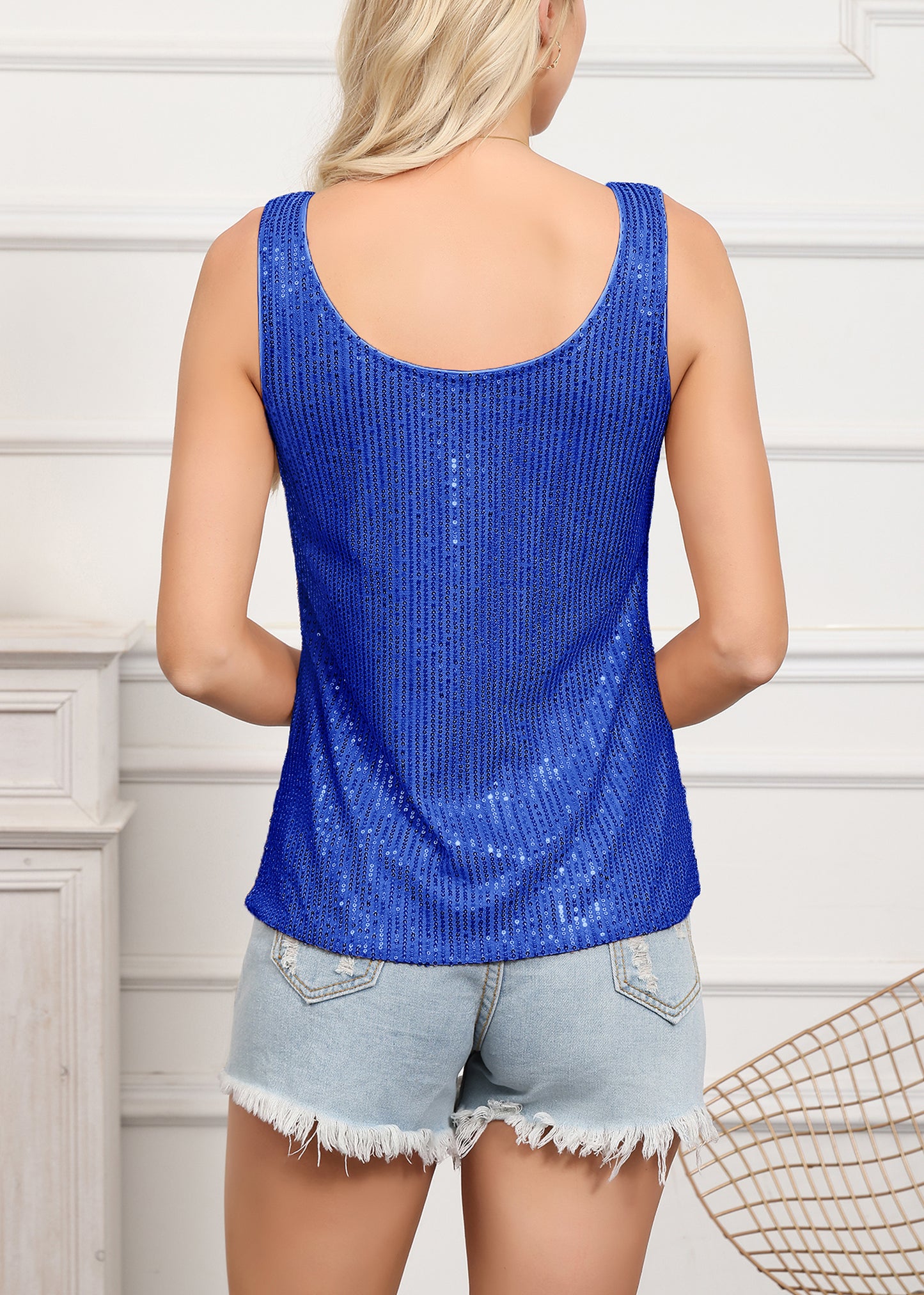 Anna-Kaci Women's Sparkly Sequin Tops Scoop Neck Sleeveless Glitter Shimmer Tank Top Blouses