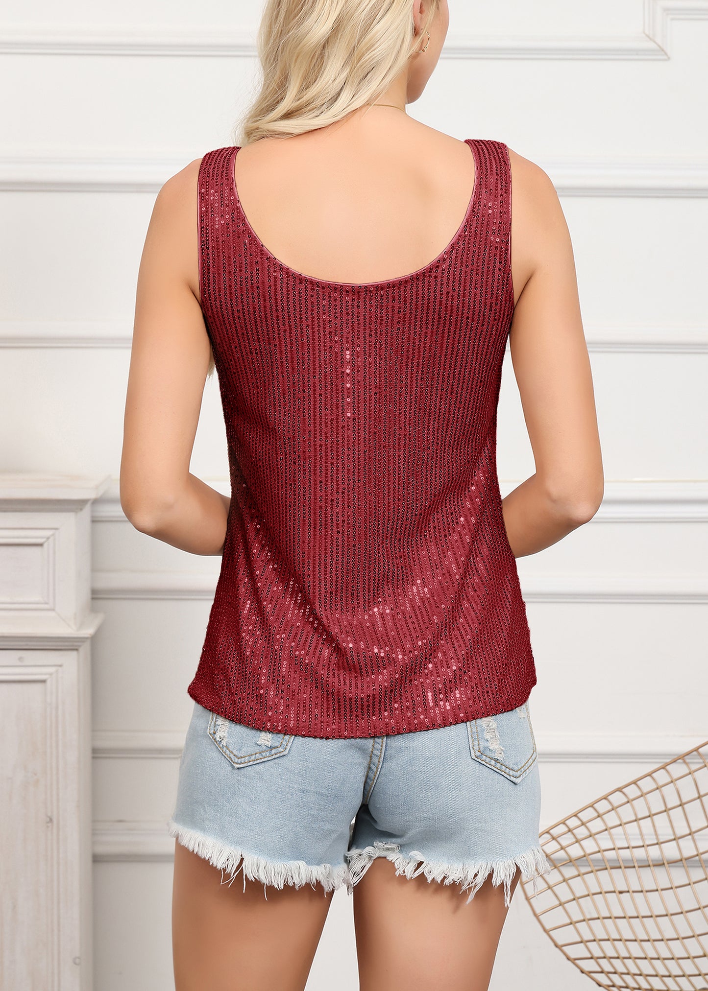 Anna-Kaci Women's Sparkly Sequin Tops Scoop Neck Sleeveless Glitter Shimmer Tank Top Blouses