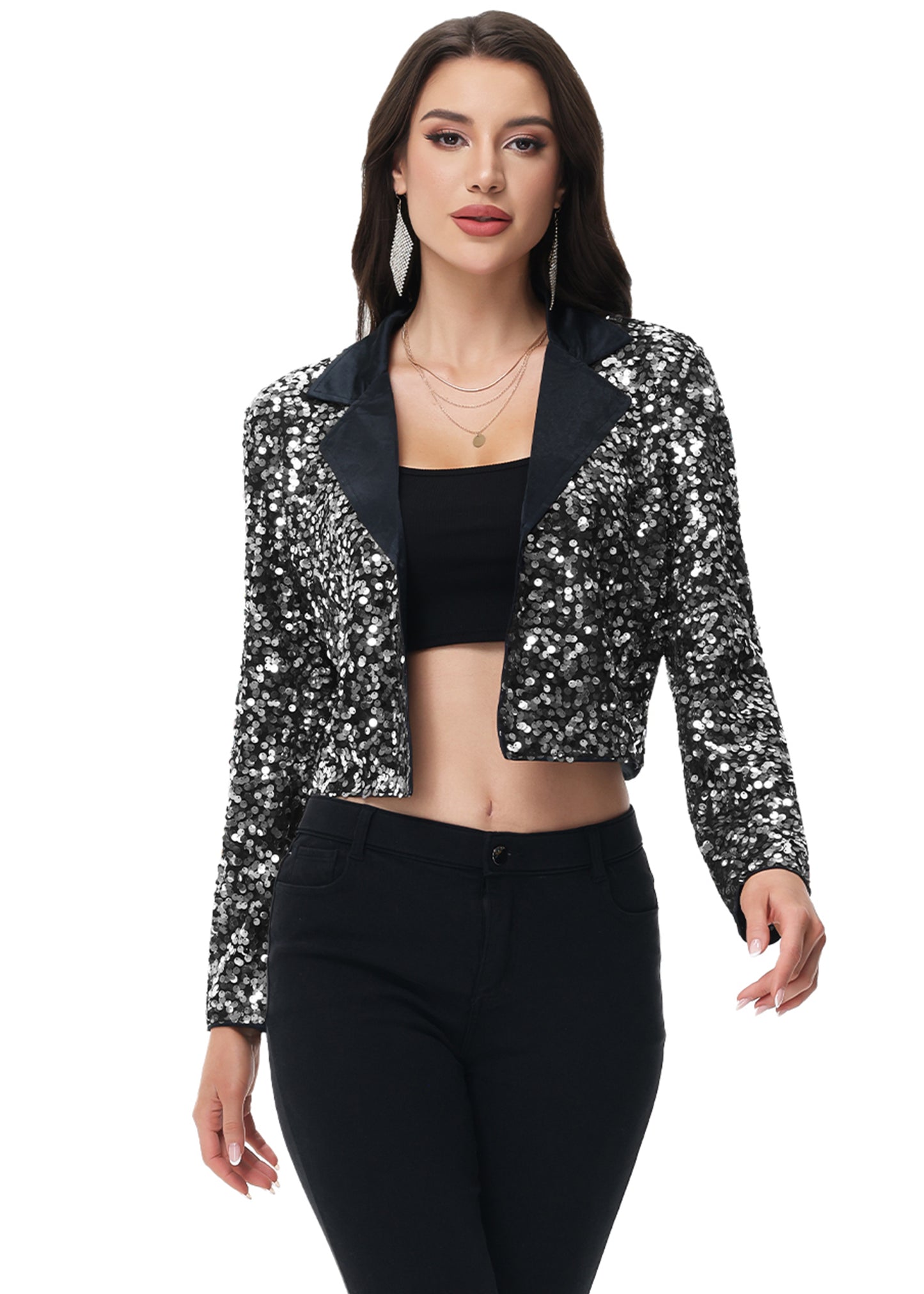 Anna-Kaci Women's Sparkly Crop Sequin Blazer Jacket Long Sleeve Party Club Cardigan Out
