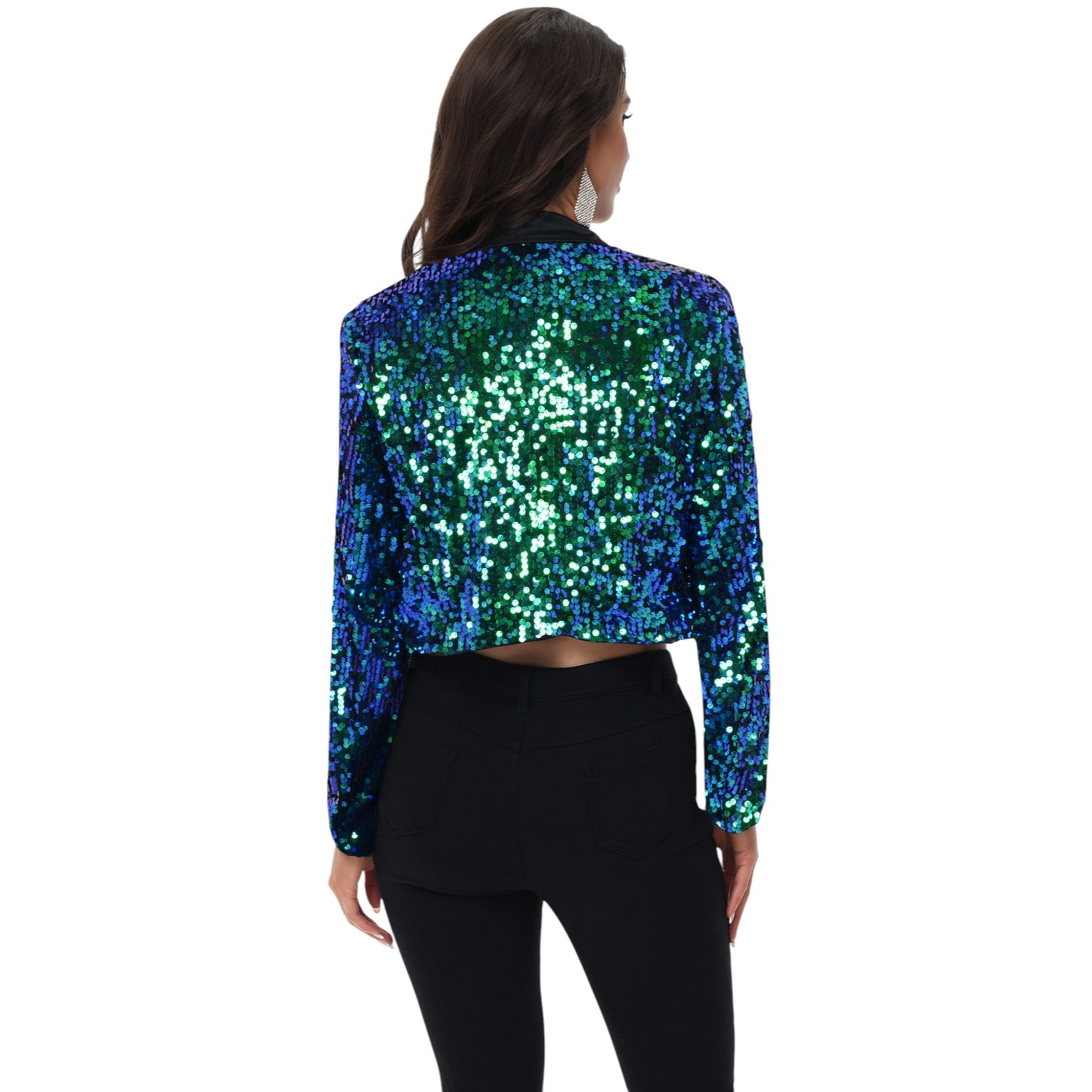 Anna-Kaci Women's Sparkly Crop Sequin Blazer Jacket Long Sleeve Party Club Cardigan Out