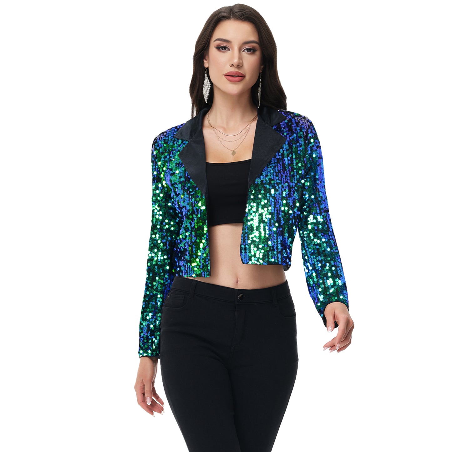 Anna-Kaci Women's Sparkly Crop Sequin Blazer Jacket Long Sleeve Party Club Cardigan Out