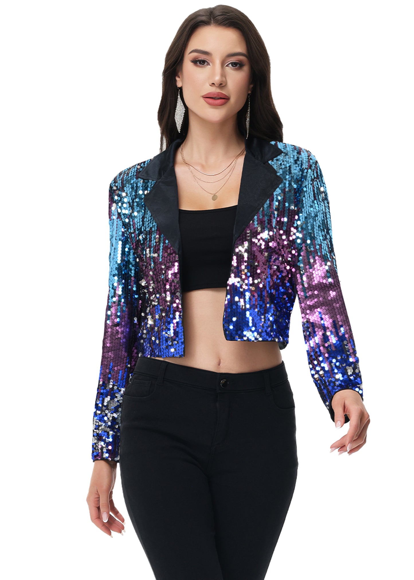 Anna-Kaci Women's Sparkly Crop Sequin Blazer Jacket Long Sleeve Party Club Cardigan Out