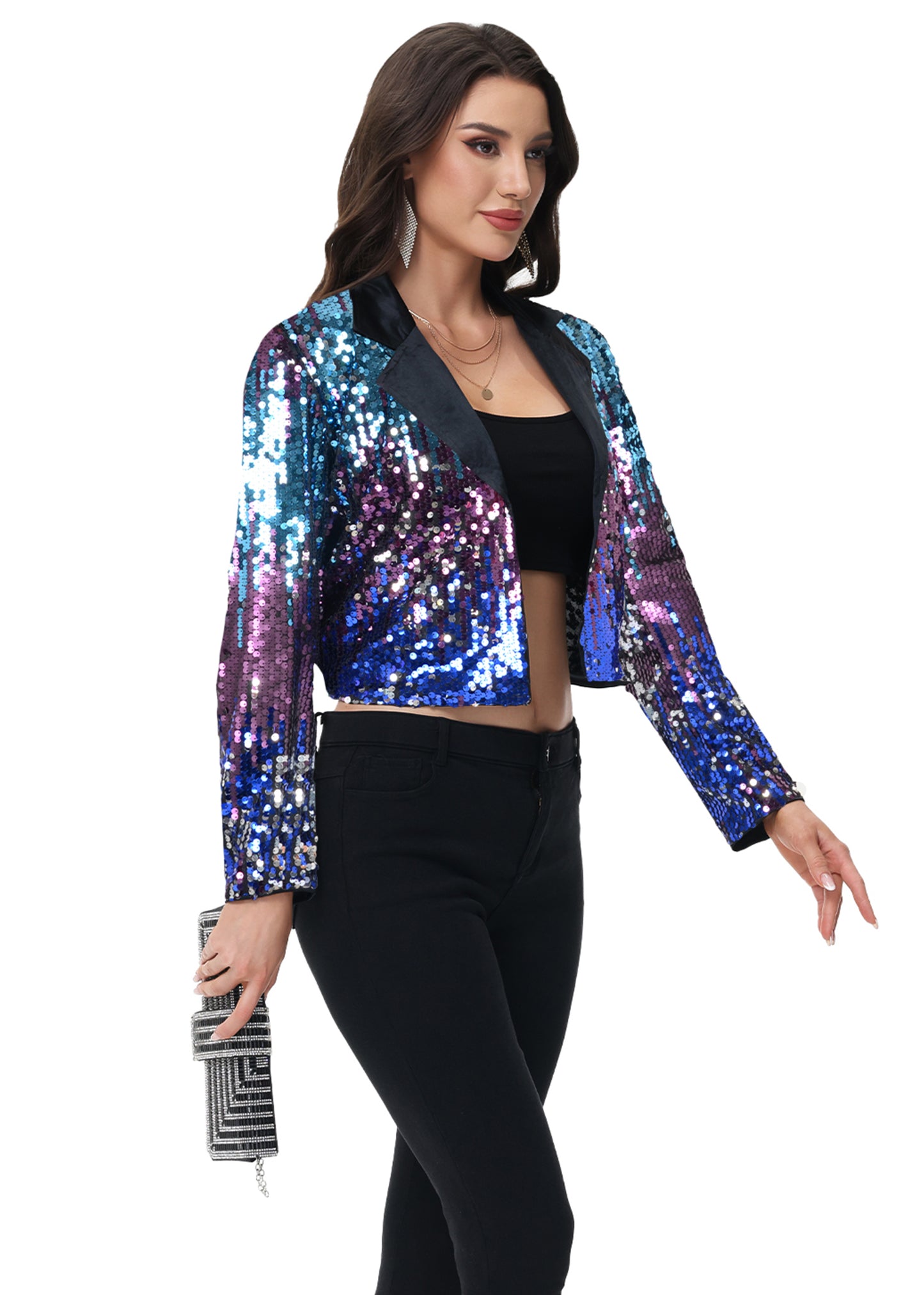 Anna-Kaci Women's Sparkly Crop Sequin Blazer Jacket Long Sleeve Party Club Cardigan Out
