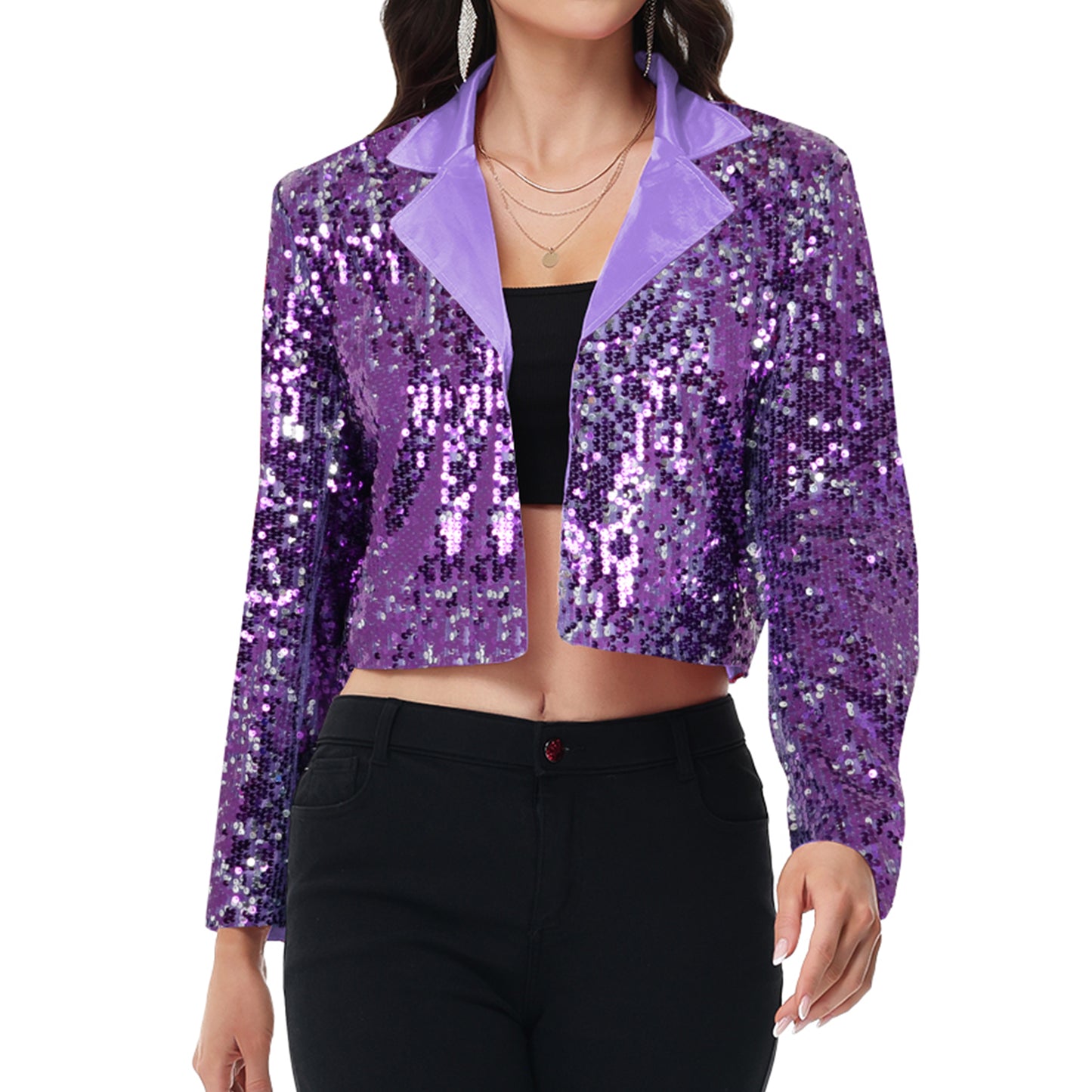 Anna-Kaci Women's Sparkly Crop Sequin Blazer Jacket Long Sleeve Party Club Cardigan Out