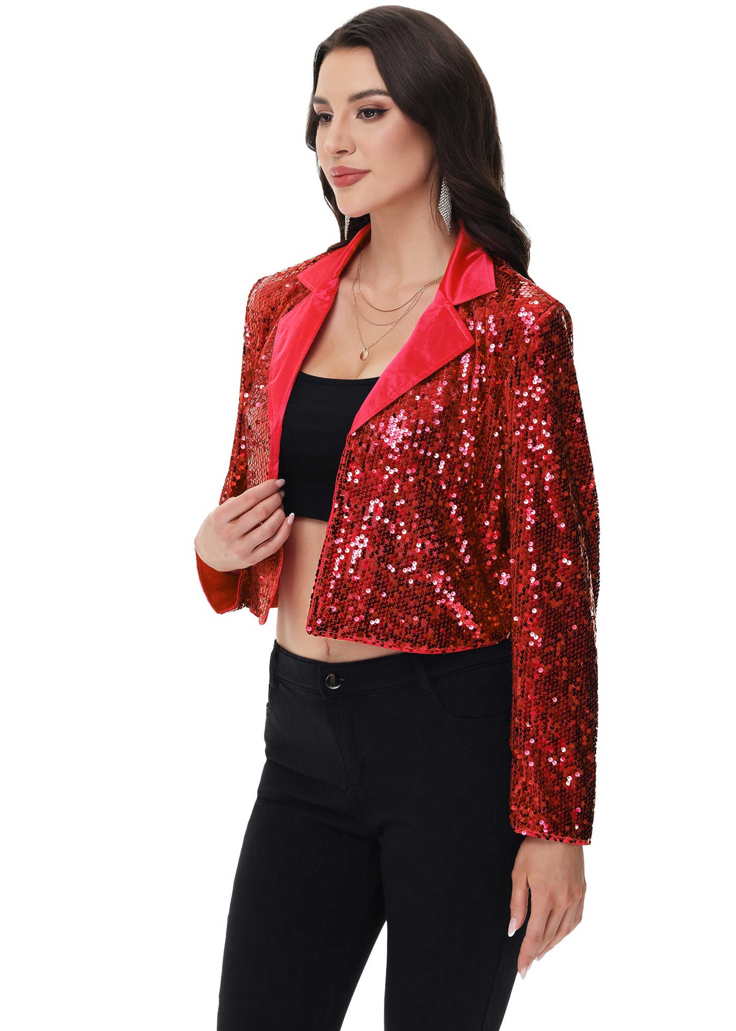 Anna-Kaci Women's Sparkly Crop Sequin Blazer Jacket Long Sleeve Party Club Cardigan Out