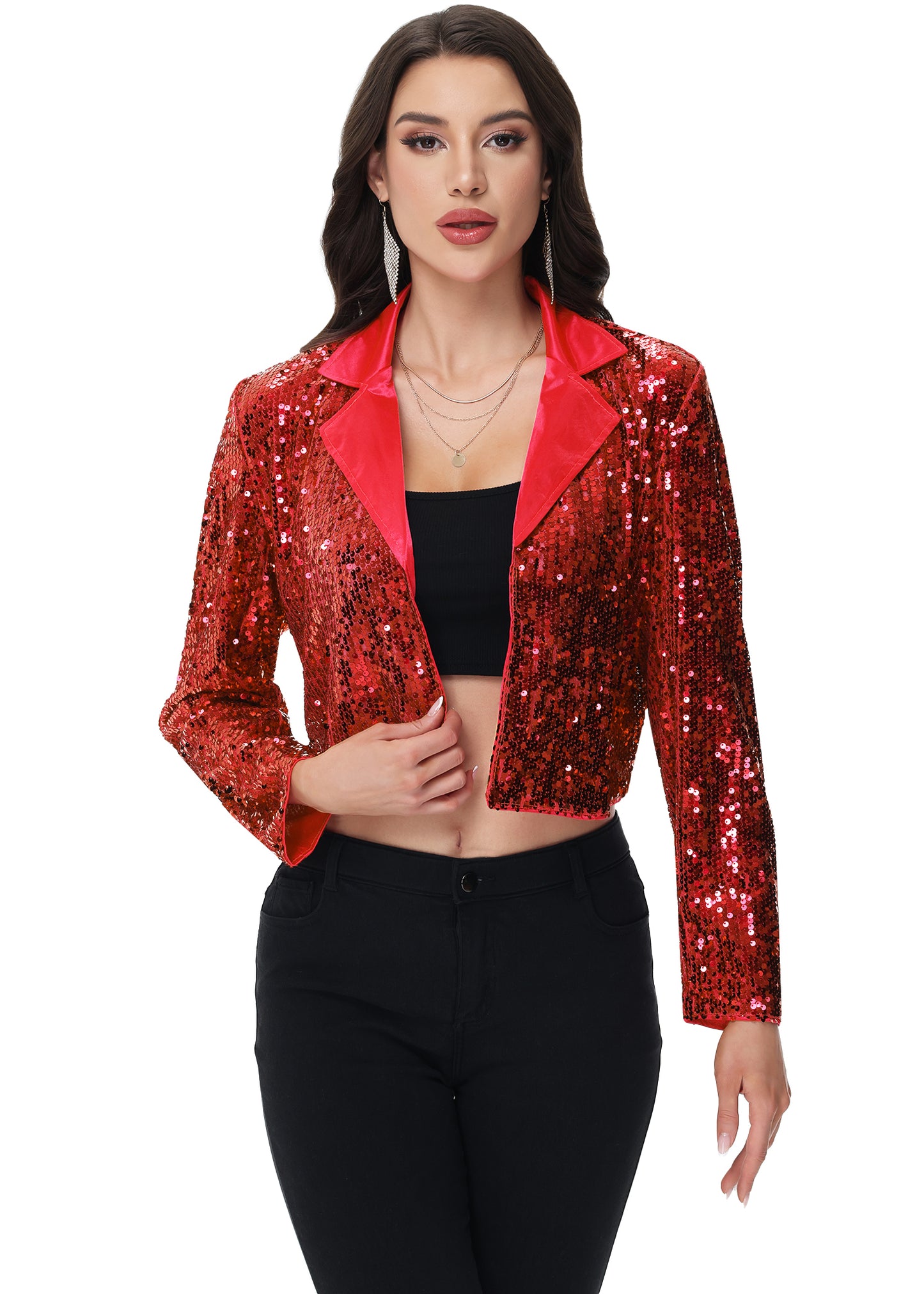 Anna-Kaci Women's Sparkly Crop Sequin Blazer Jacket Long Sleeve Party Club Cardigan Out