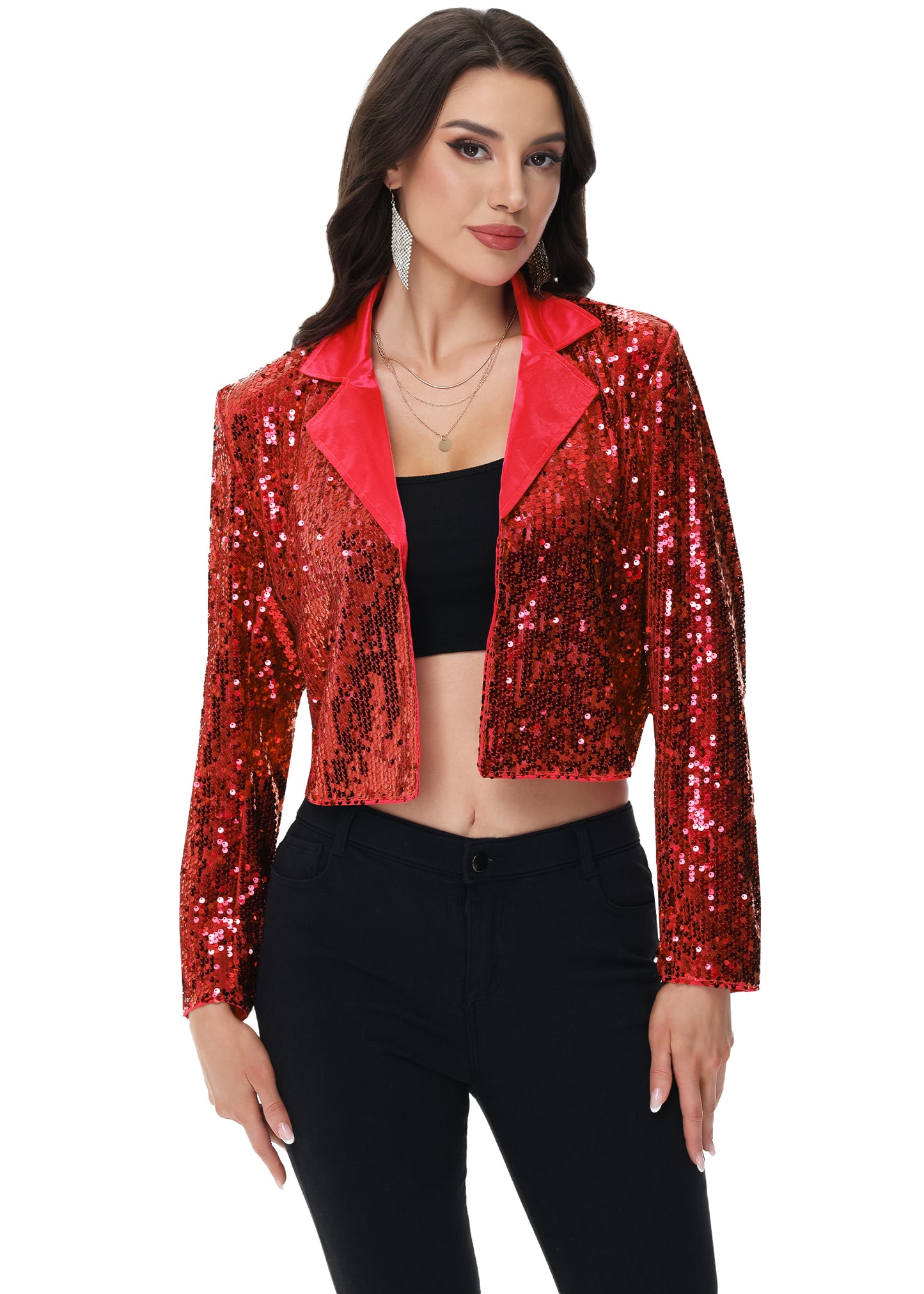Anna-Kaci Women's Sparkly Crop Sequin Blazer Jacket Long Sleeve Party Club Cardigan Out