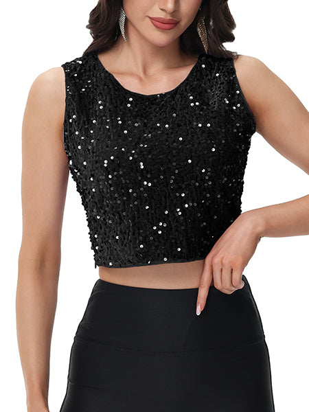 Anna-Kaci Women's Sequin Sleeveless Tops Sparkle Glitter Crew Neck Club Party Nightout Crop Tank Top