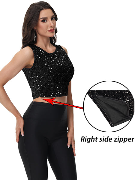 Anna-Kaci Women's Sequin Sleeveless Tops Sparkle Glitter Crew Neck Club Party Nightout Crop Tank Top