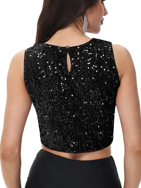 Anna-Kaci Women's Sequin Sleeveless Tops Sparkle Glitter Crew Neck Club Party Nightout Crop Tank Top