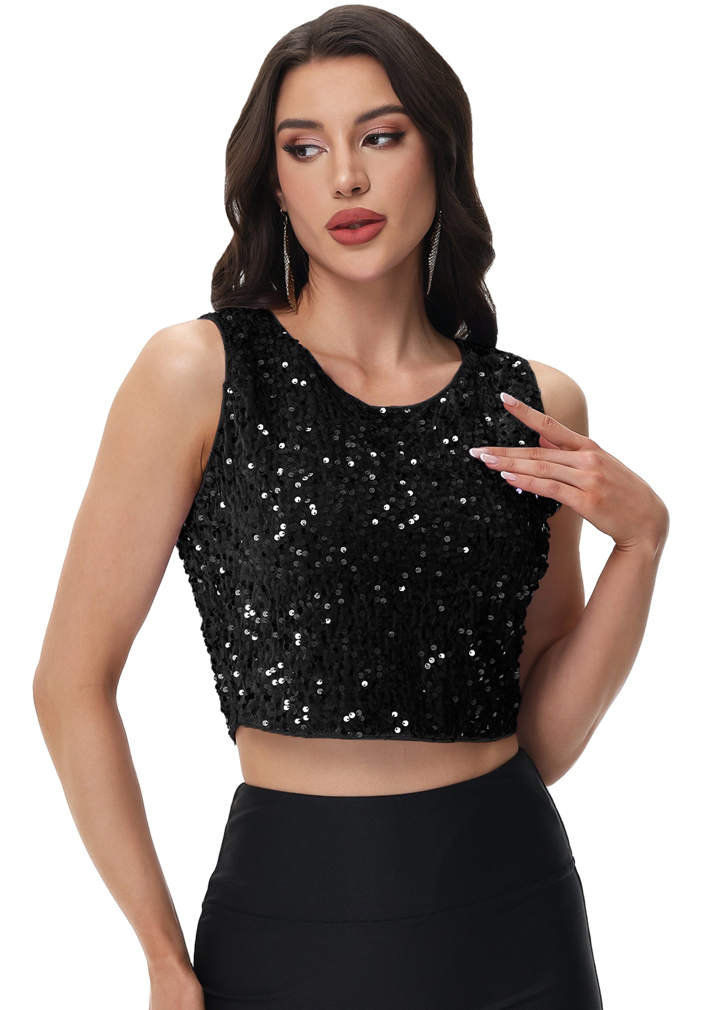 Anna-Kaci Women's Sequin Sleeveless Tops Sparkle Glitter Crew Neck Club Party Nightout Crop Tank Top